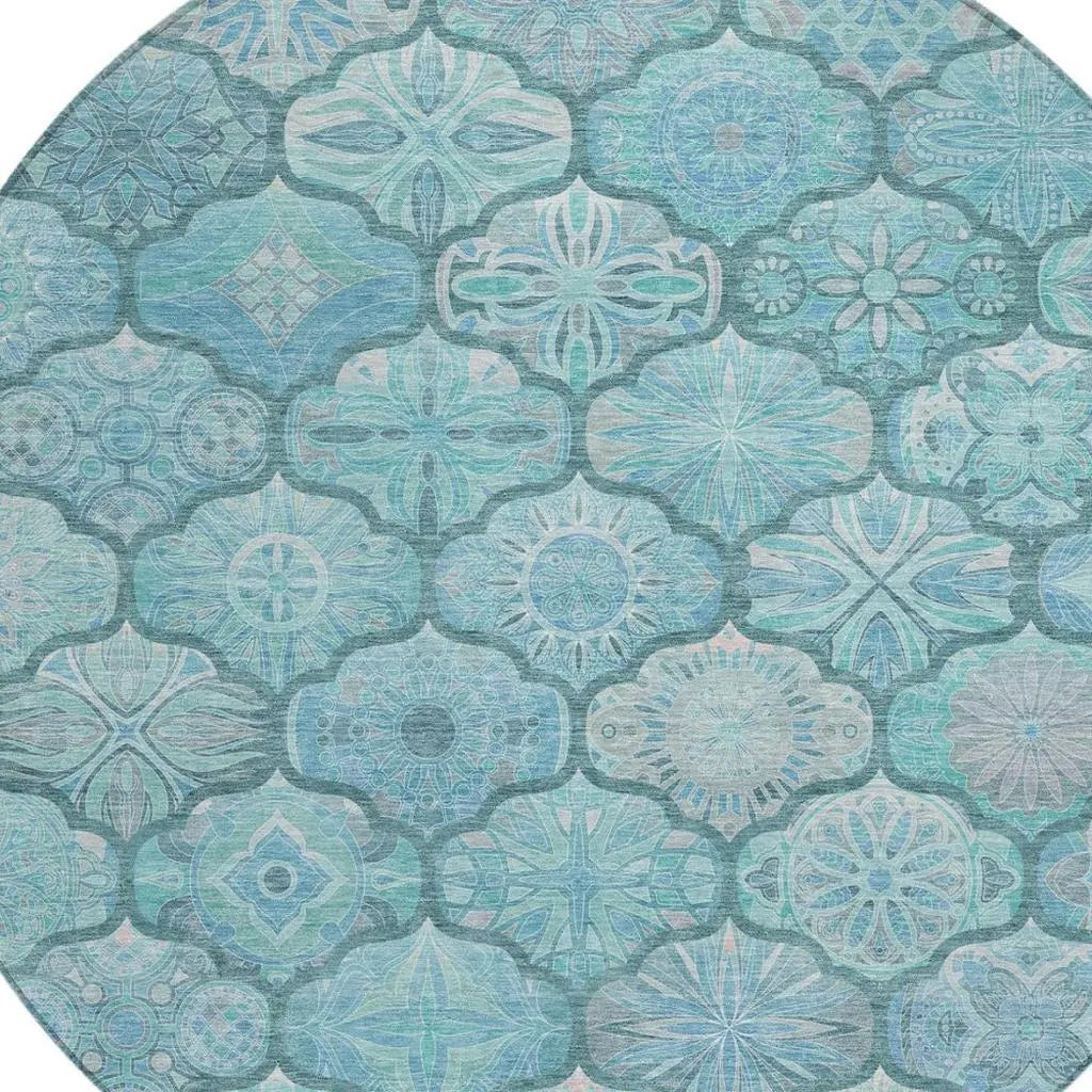 8' Teal Blue And Aqua Round Ogee Washable Indoor Outdoor Area Rug Homeroots Outdoor
