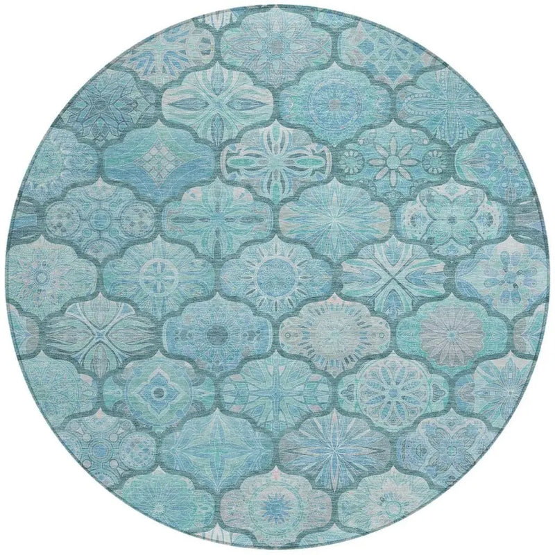 8' Teal Blue And Aqua Round Ogee Washable Indoor Outdoor Area Rug Homeroots Outdoor
