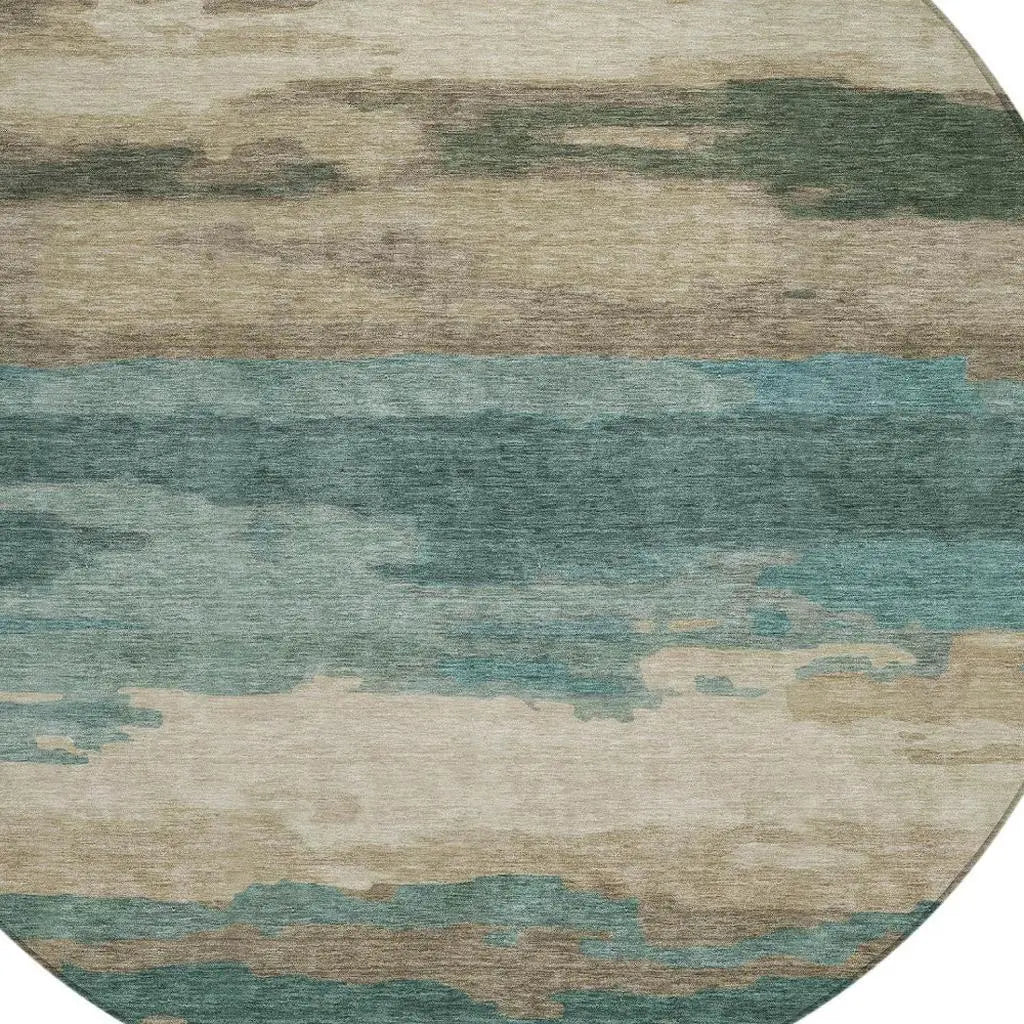 8' Teal Blue And Beige Round Abstract Washable Indoor Outdoor Area Rug Homeroots Outdoor