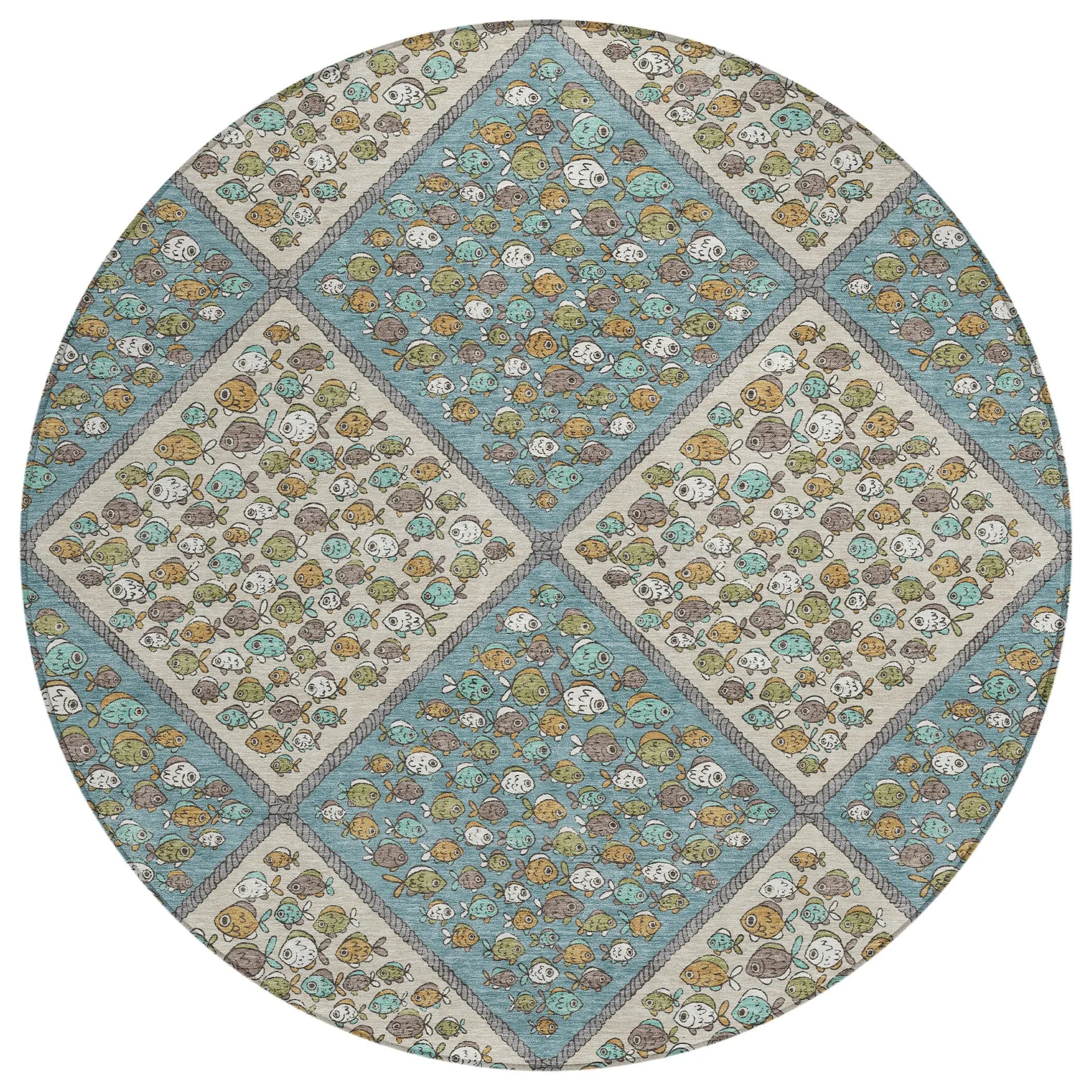 8' Teal Blue And Beige Round Abstract Washable Indoor Outdoor Area Rug Homeroots Outdoor