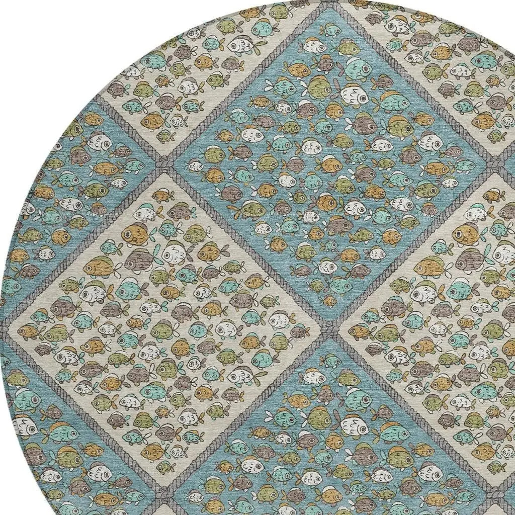 8' Teal Blue And Beige Round Abstract Washable Indoor Outdoor Area Rug Homeroots Outdoor