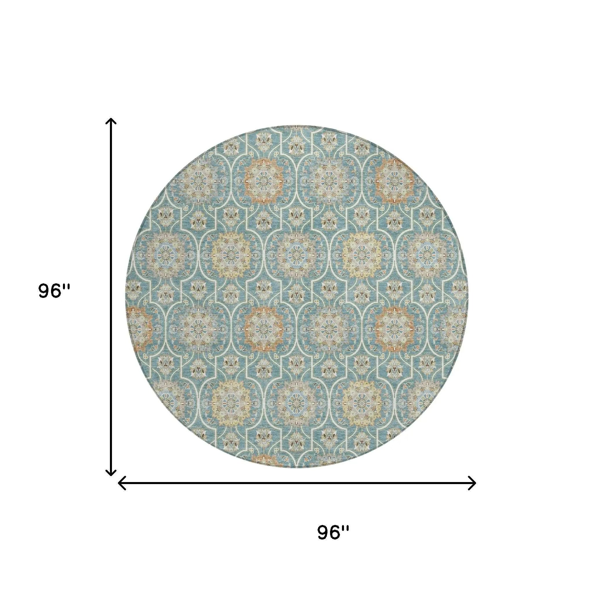 8' Teal Blue And Beige Round Floral Medallion Washable Indoor Outdoor Area Rug Homeroots Outdoor