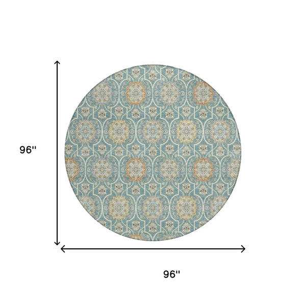 8' Teal Blue And Beige Round Floral Medallion Washable Indoor Outdoor Area Rug Homeroots Outdoor