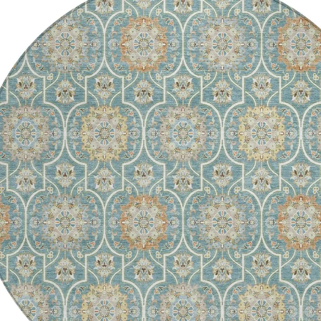 8' Teal Blue And Beige Round Floral Medallion Washable Indoor Outdoor Area Rug Homeroots Outdoor