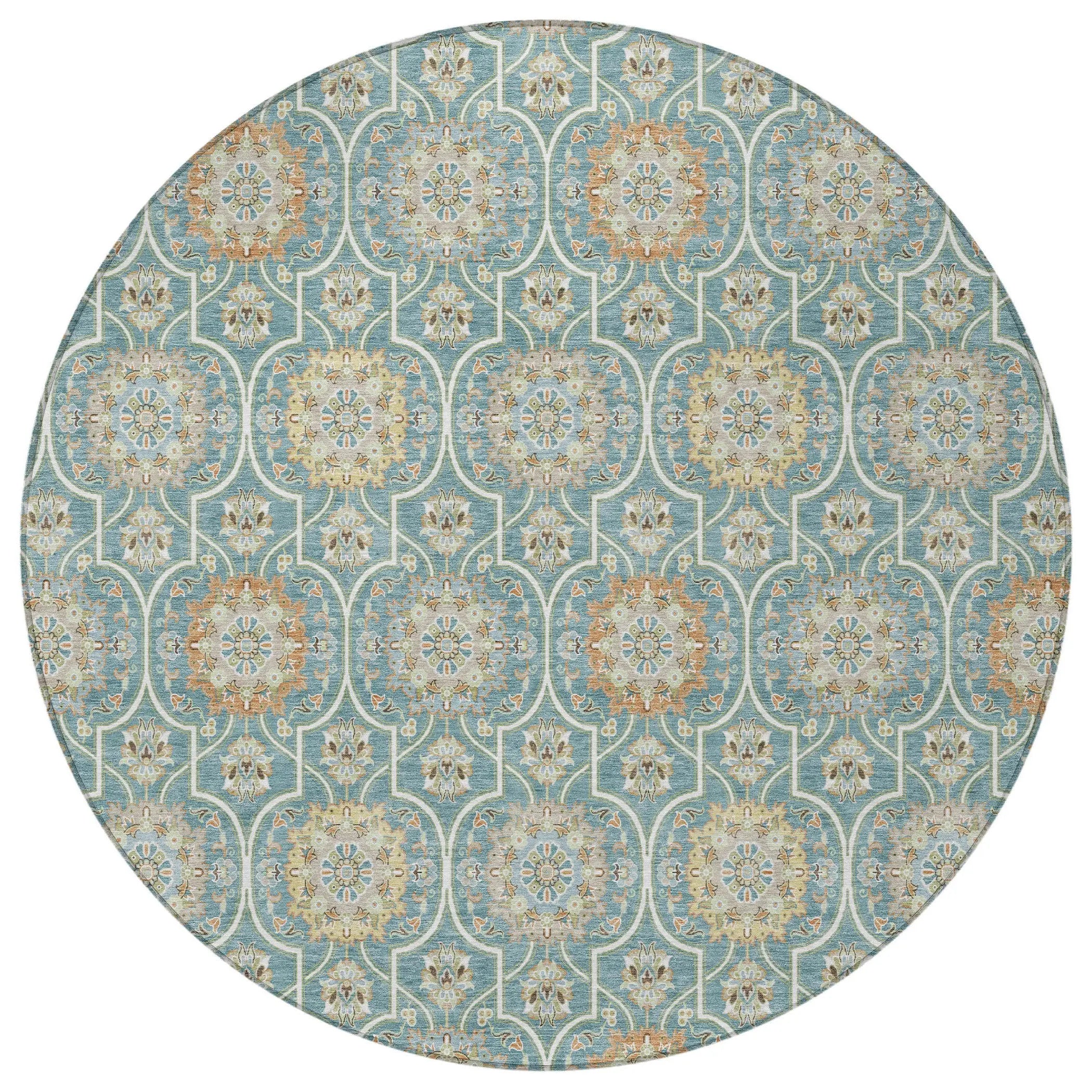 8' Teal Blue And Beige Round Floral Medallion Washable Indoor Outdoor Area Rug Homeroots Outdoor