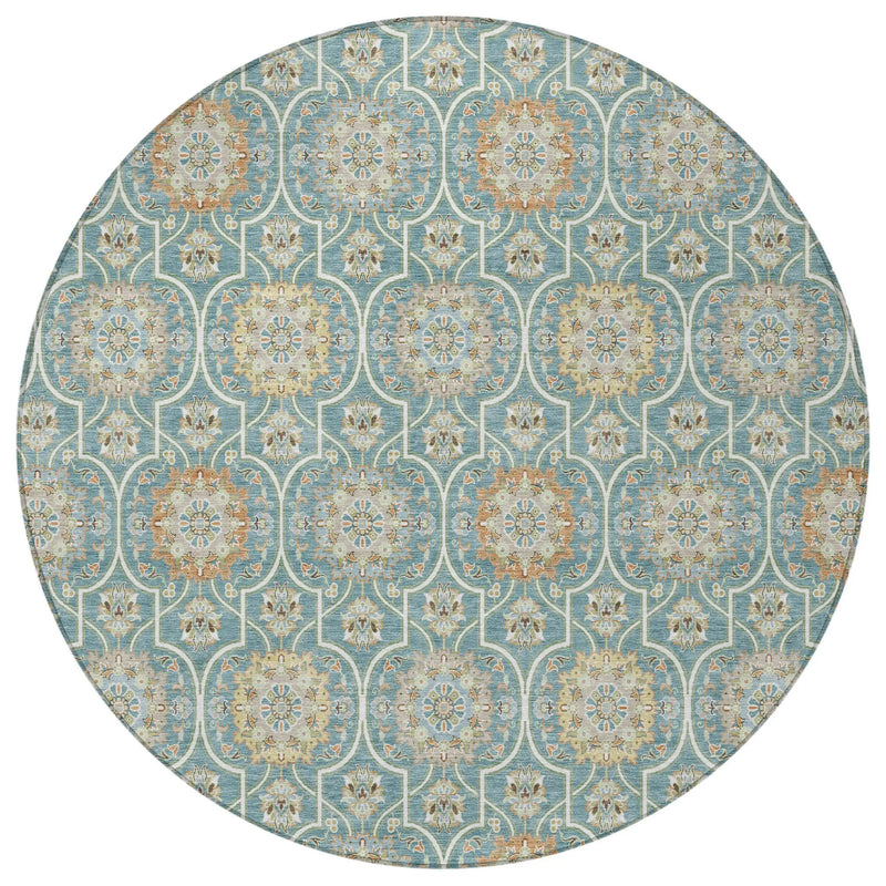 8' Teal Blue And Beige Round Floral Medallion Washable Indoor Outdoor Area Rug Homeroots Outdoor
