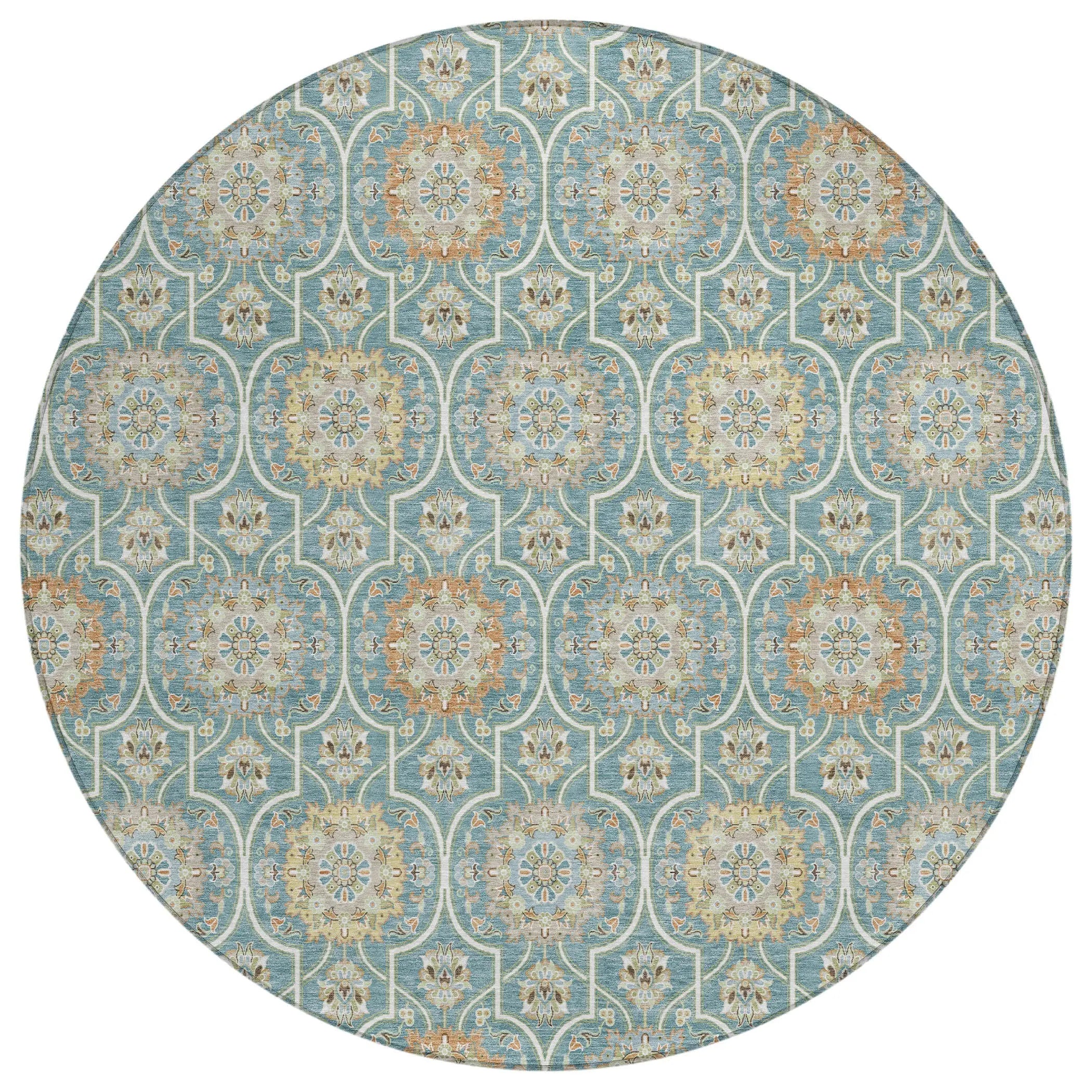 8' Teal Blue And Beige Round Floral Medallion Washable Indoor Outdoor Area Rug Homeroots Outdoor