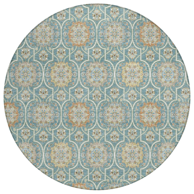 8' Teal Blue And Beige Round Floral Medallion Washable Indoor Outdoor Area Rug Homeroots Outdoor