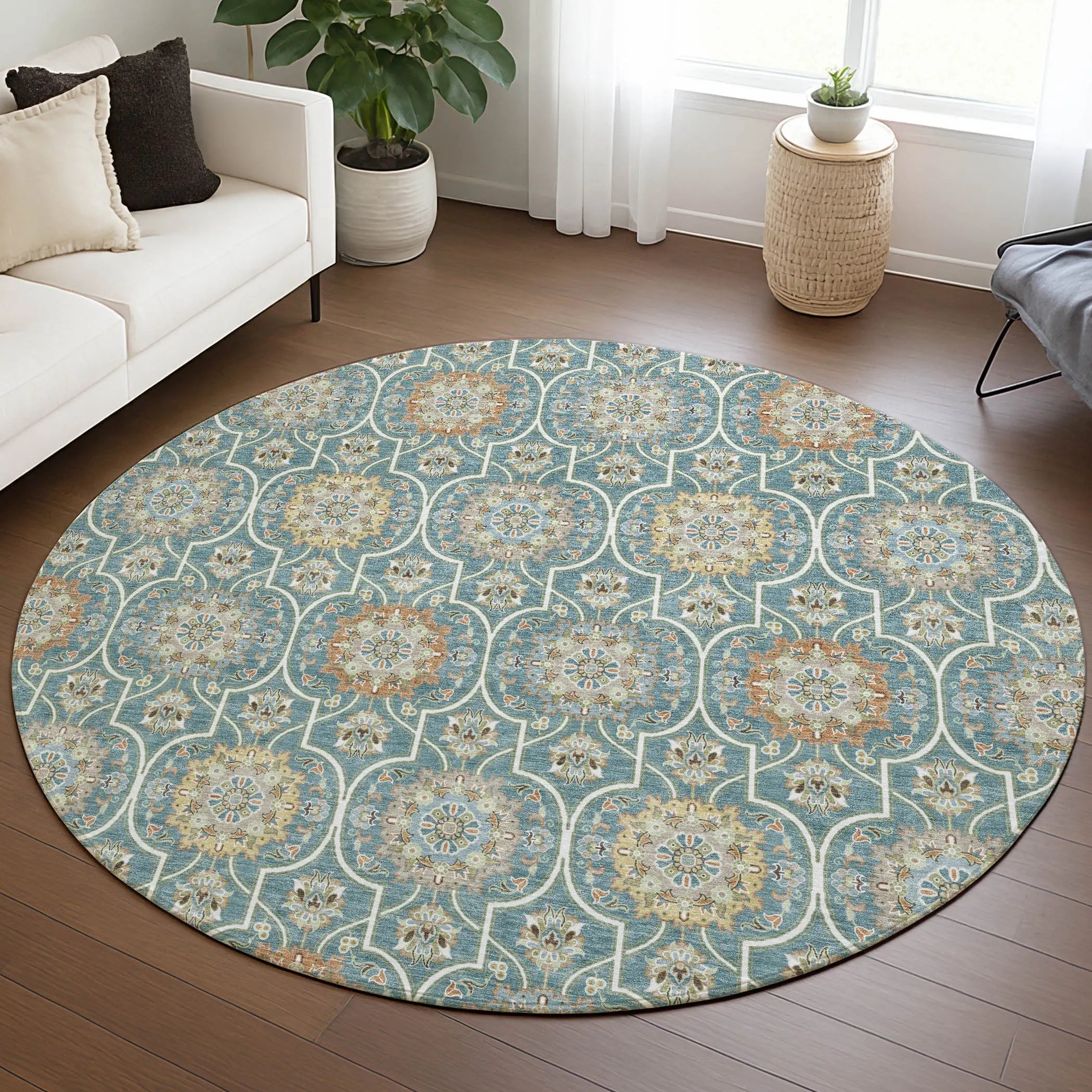 8' Teal Blue And Beige Round Floral Medallion Washable Indoor Outdoor Area Rug Homeroots Outdoor