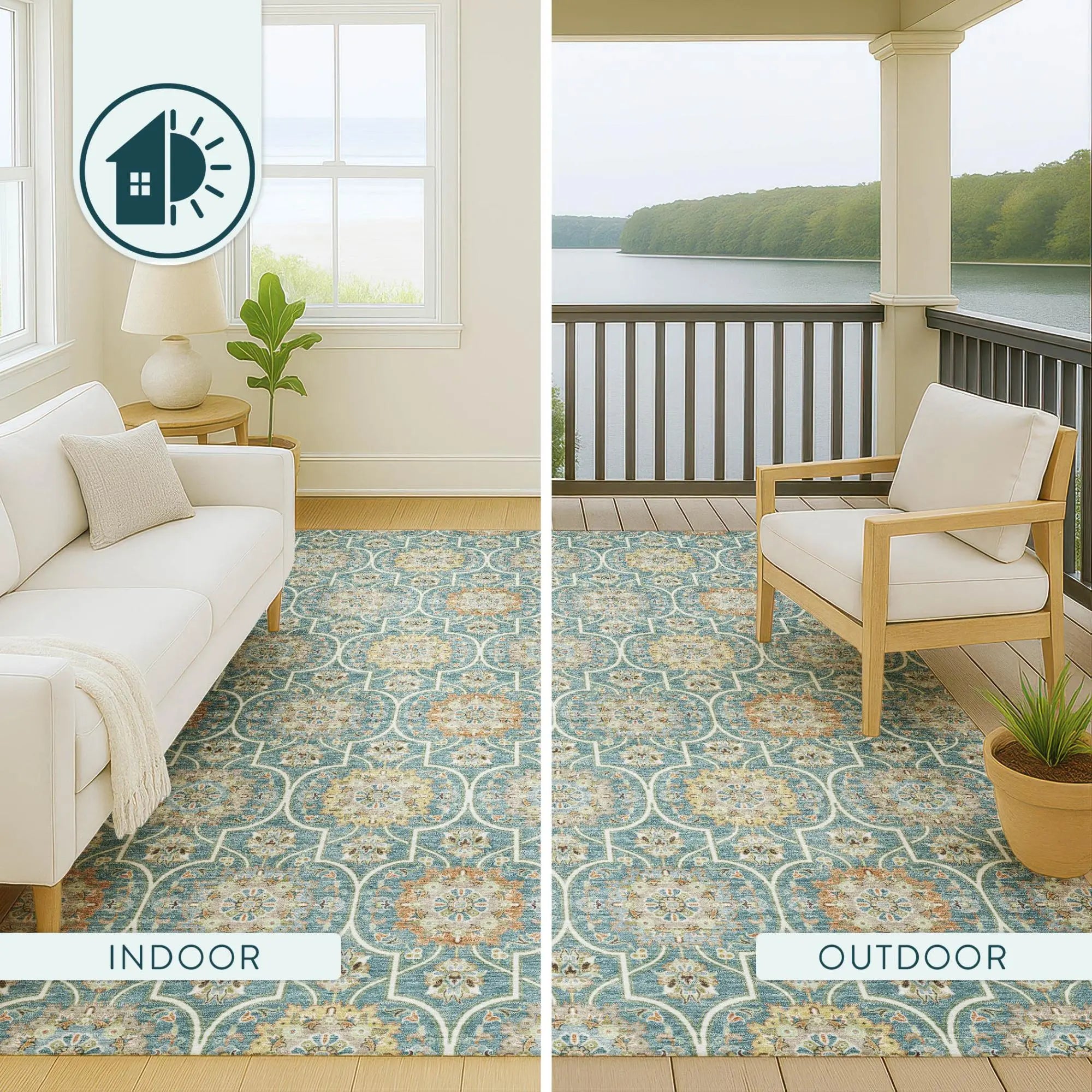 8' Teal Blue And Beige Round Floral Medallion Washable Indoor Outdoor Area Rug Homeroots Outdoor
