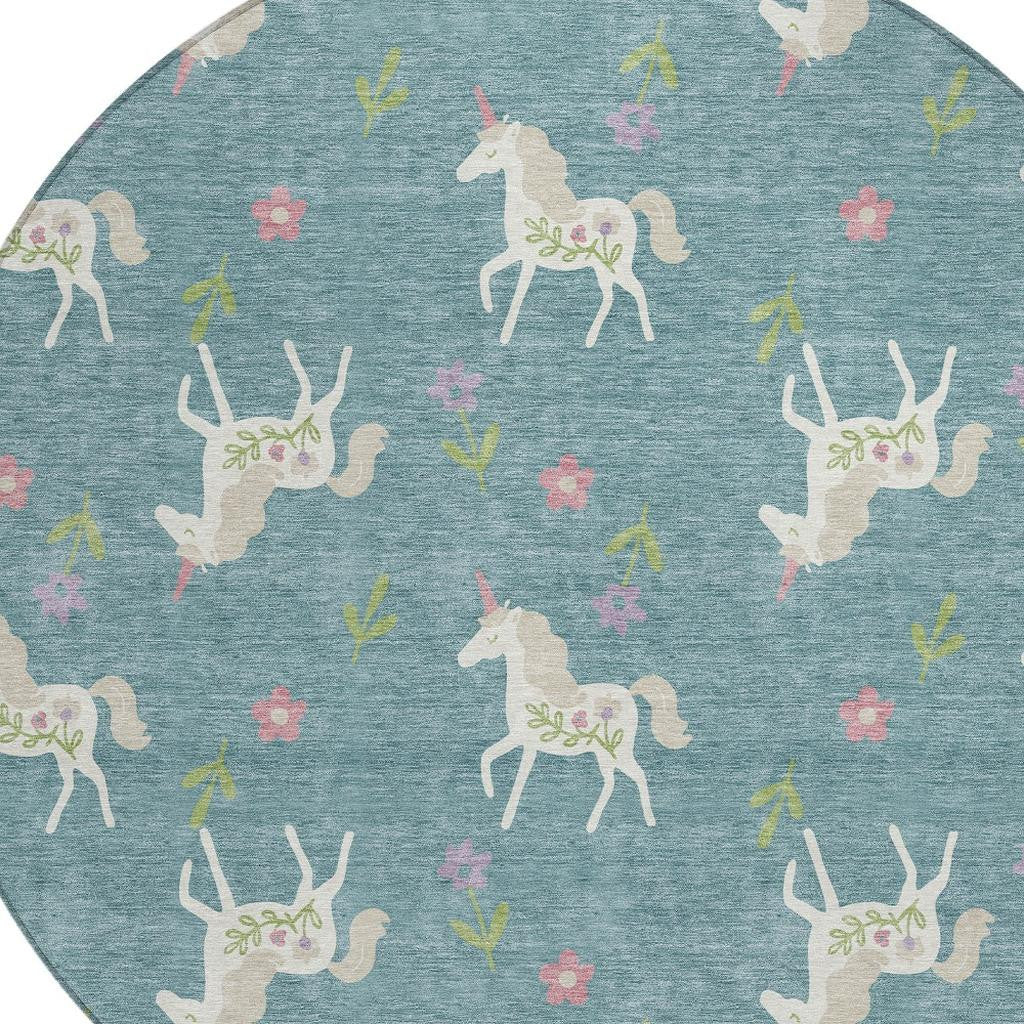 8' Teal Blue And Beige Round Floral Washable Indoor Outdoor Area Rug Homeroots Outdoor