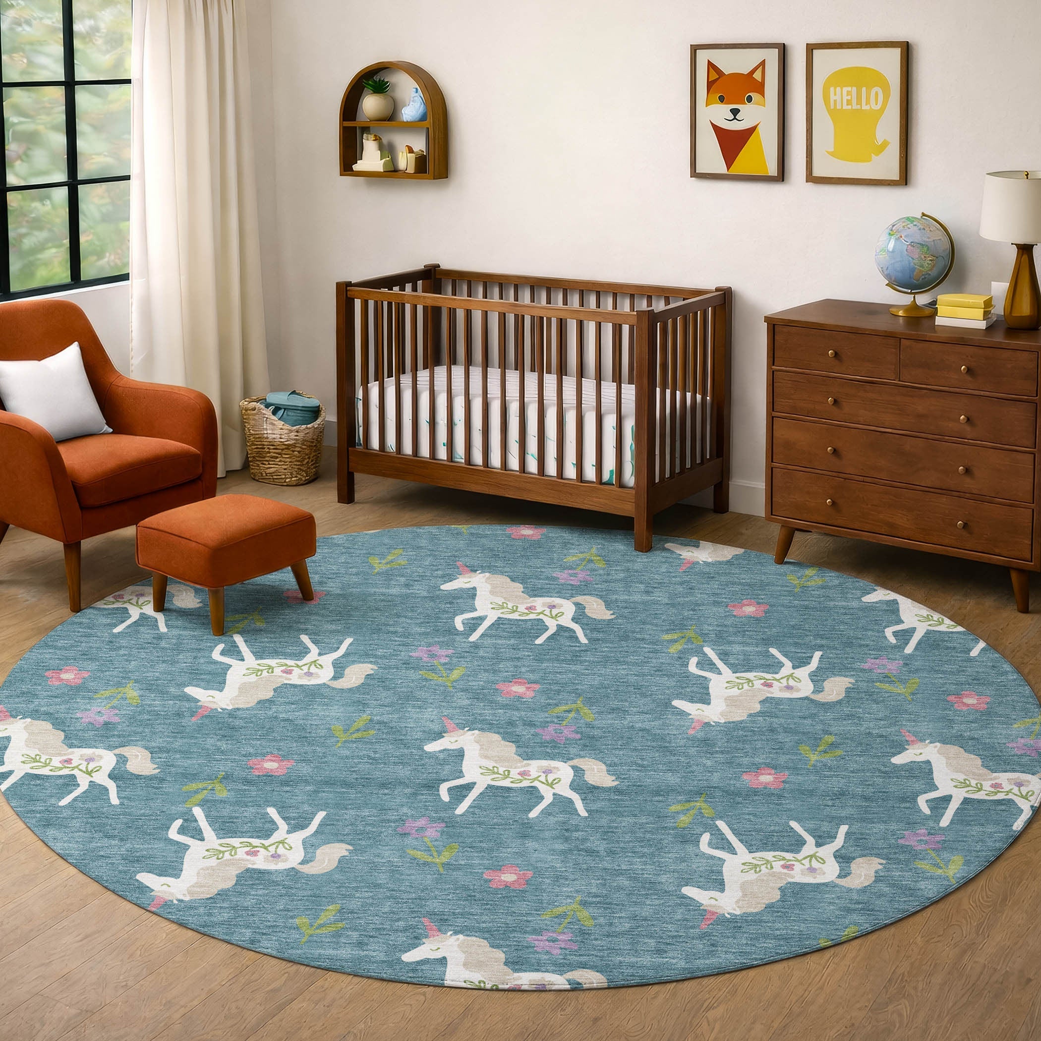 8' Teal Blue And Beige Round Floral Washable Indoor Outdoor Area Rug Homeroots Outdoor