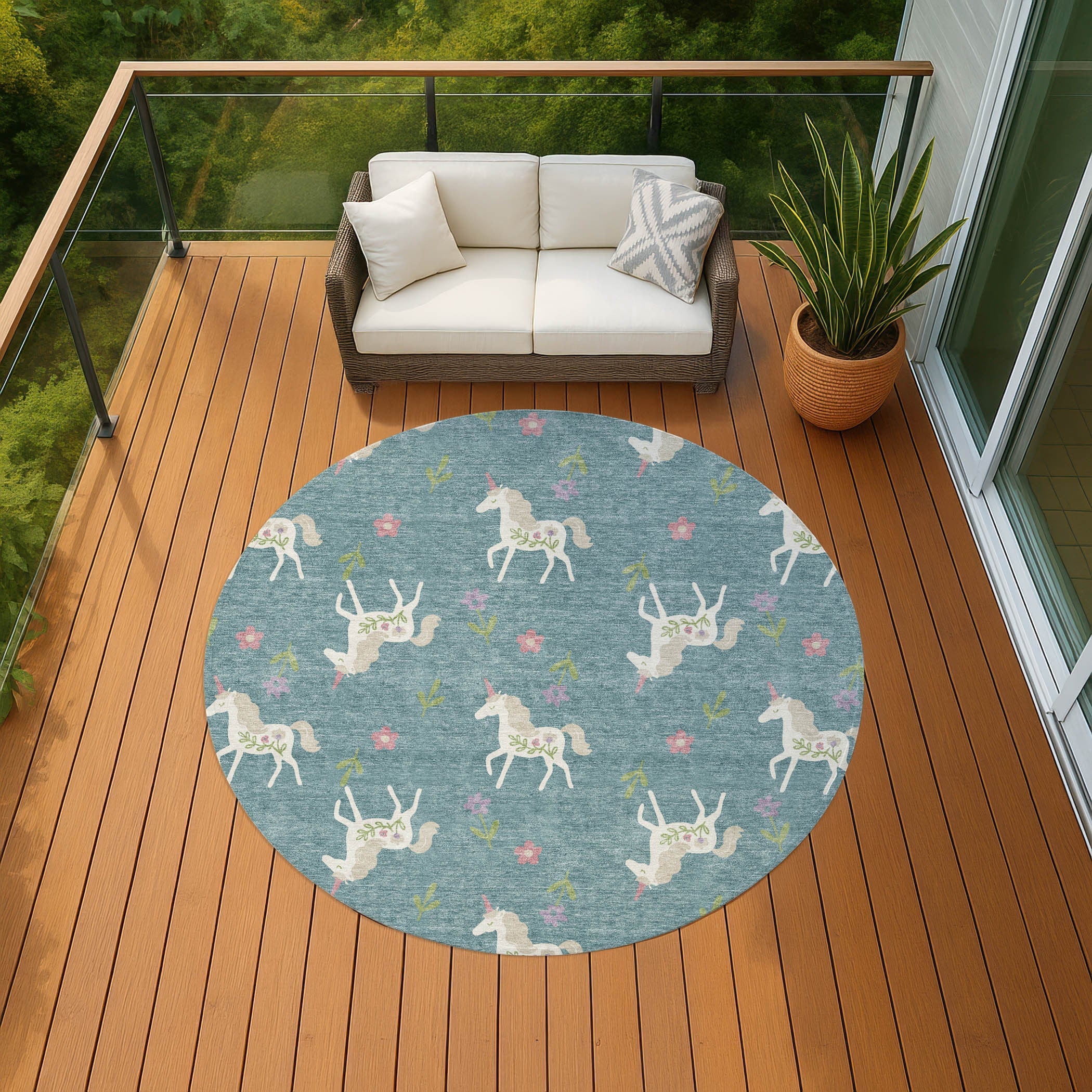 8' Teal Blue And Beige Round Floral Washable Indoor Outdoor Area Rug Homeroots Outdoor