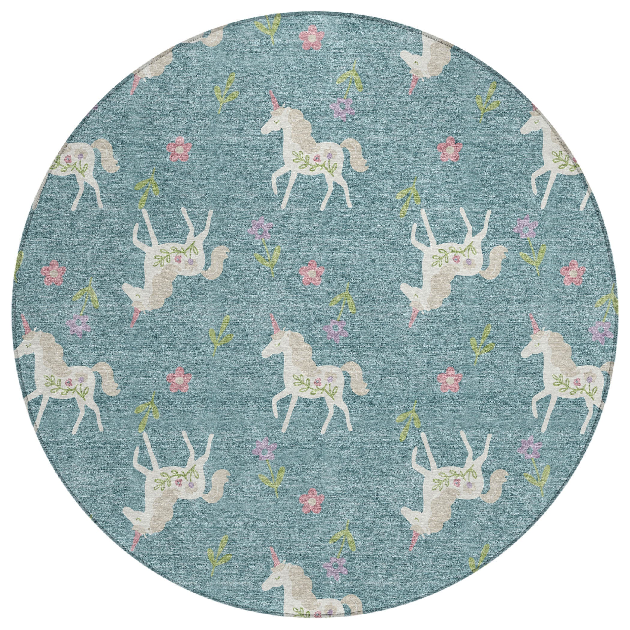 8' Teal Blue And Beige Round Floral Washable Indoor Outdoor Area Rug Homeroots Outdoor