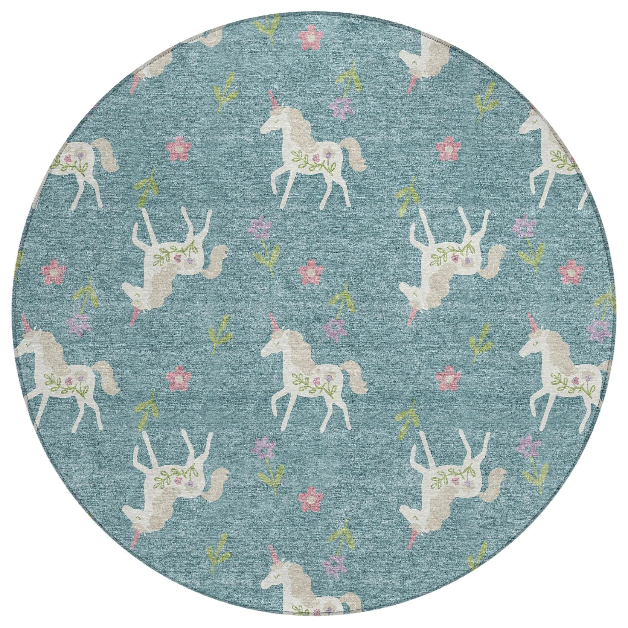 8' Teal Blue And Beige Round Floral Washable Indoor Outdoor Area Rug Homeroots Outdoor