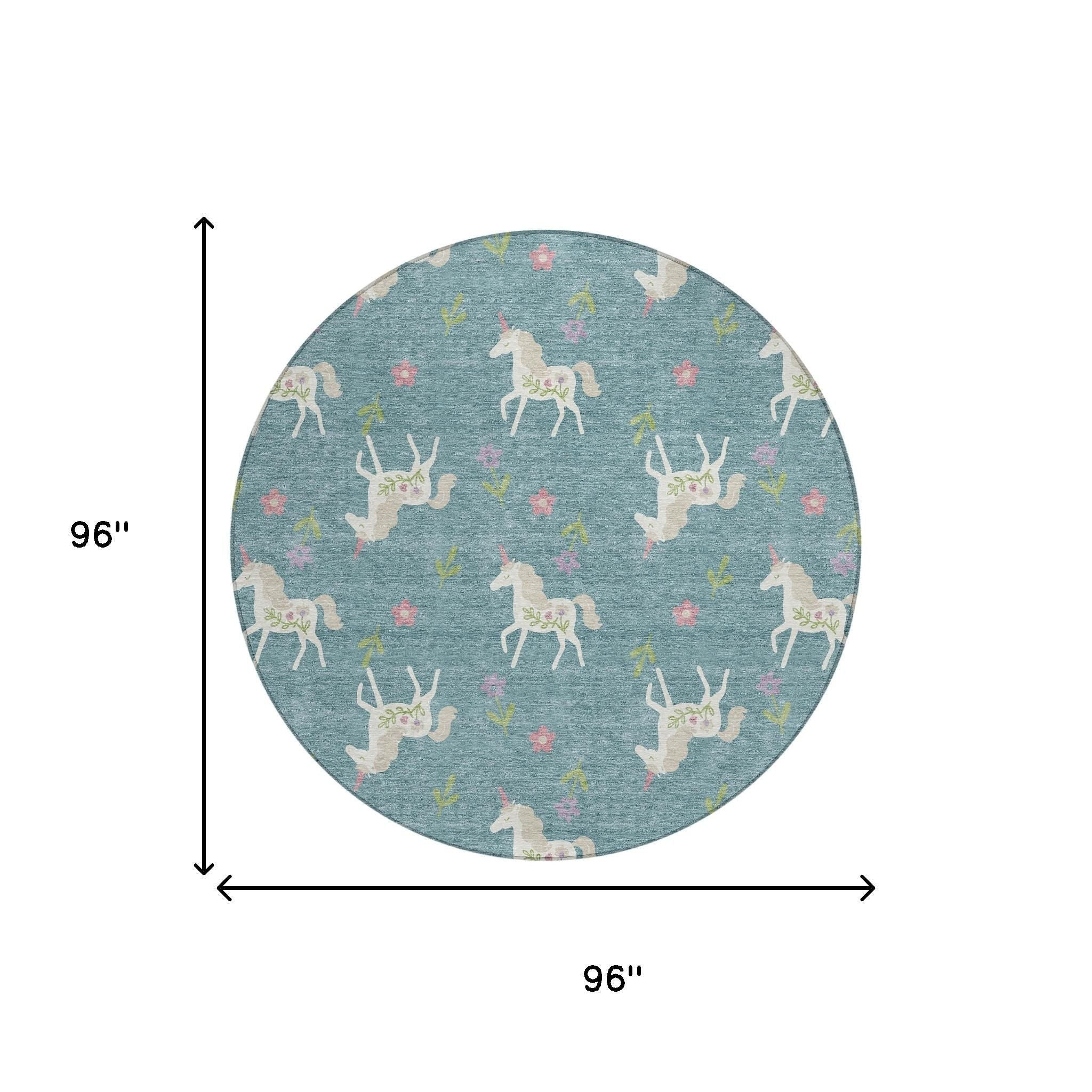 8' Teal Blue And Beige Round Floral Washable Indoor Outdoor Area Rug Homeroots Outdoor