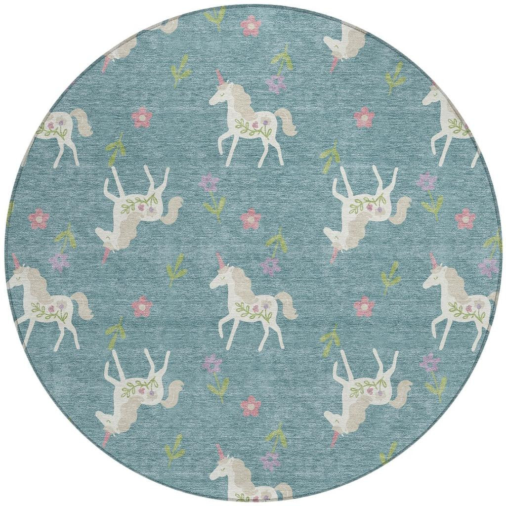 8' Teal Blue And Beige Round Floral Washable Indoor Outdoor Area Rug Homeroots Outdoor