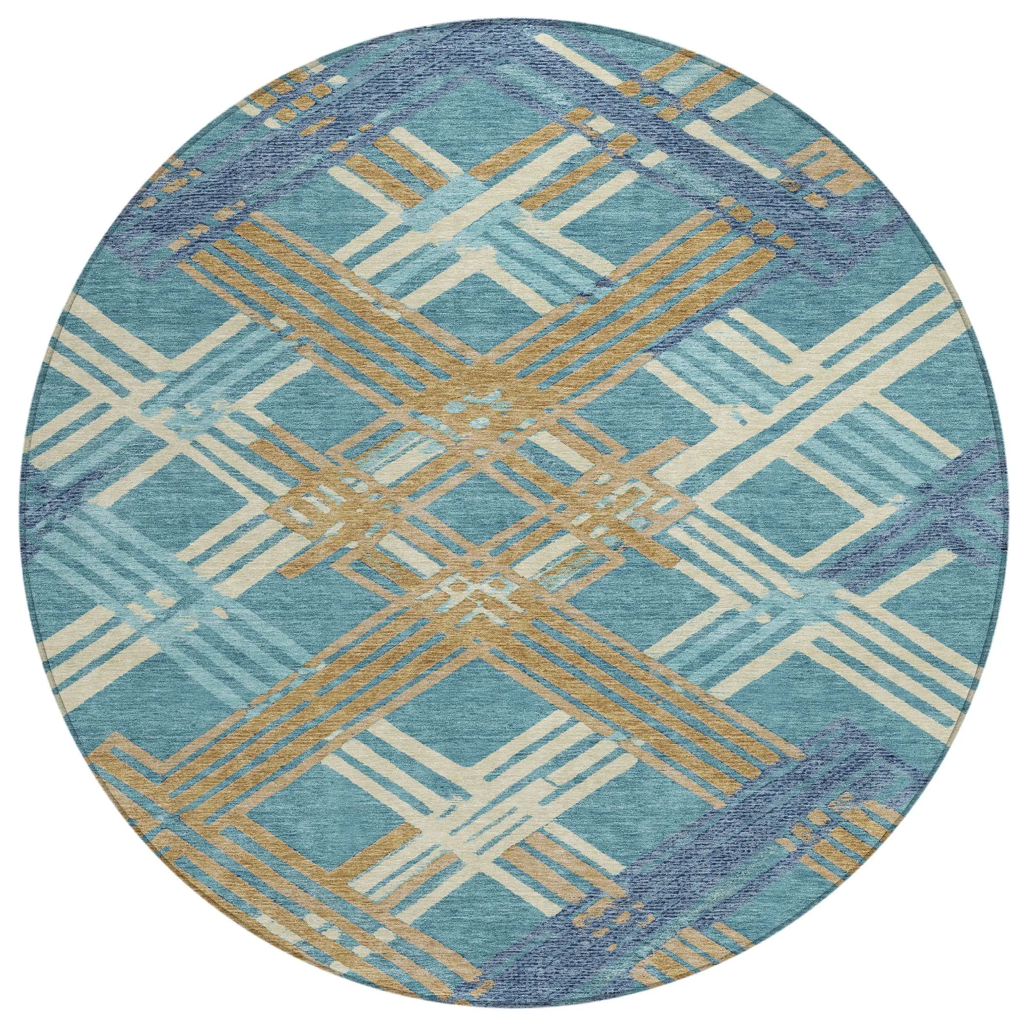 8' Teal Blue And Beige Round Geometric Washable Indoor Outdoor Area Rug Homeroots Outdoor