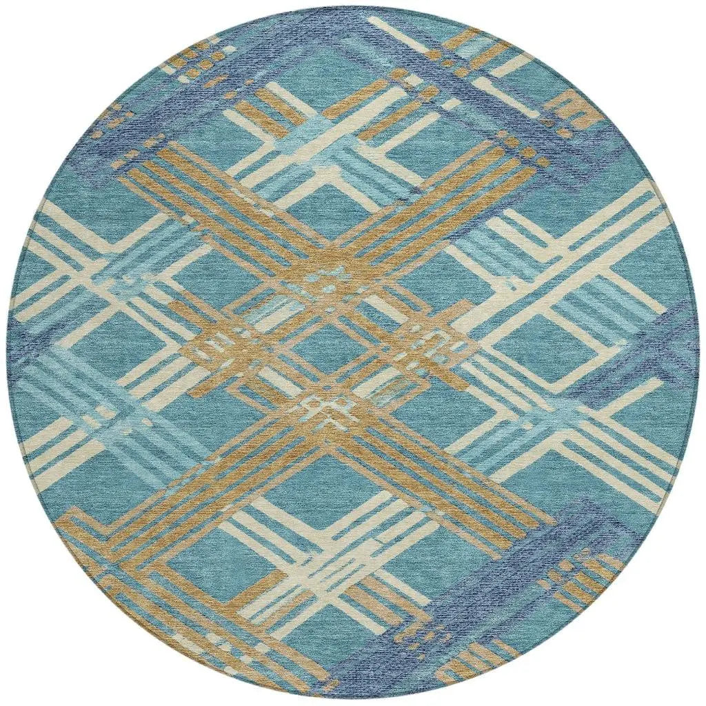 8' Teal Blue And Beige Round Geometric Washable Indoor Outdoor Area Rug Homeroots Outdoor