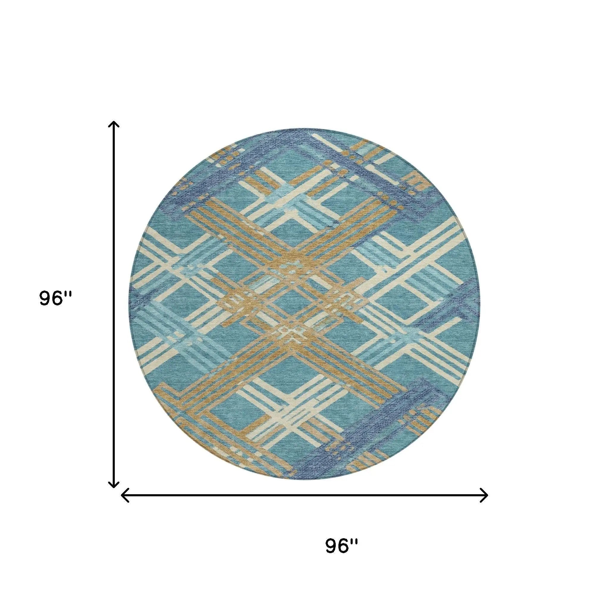 8' Teal Blue And Beige Round Geometric Washable Indoor Outdoor Area Rug Homeroots Outdoor