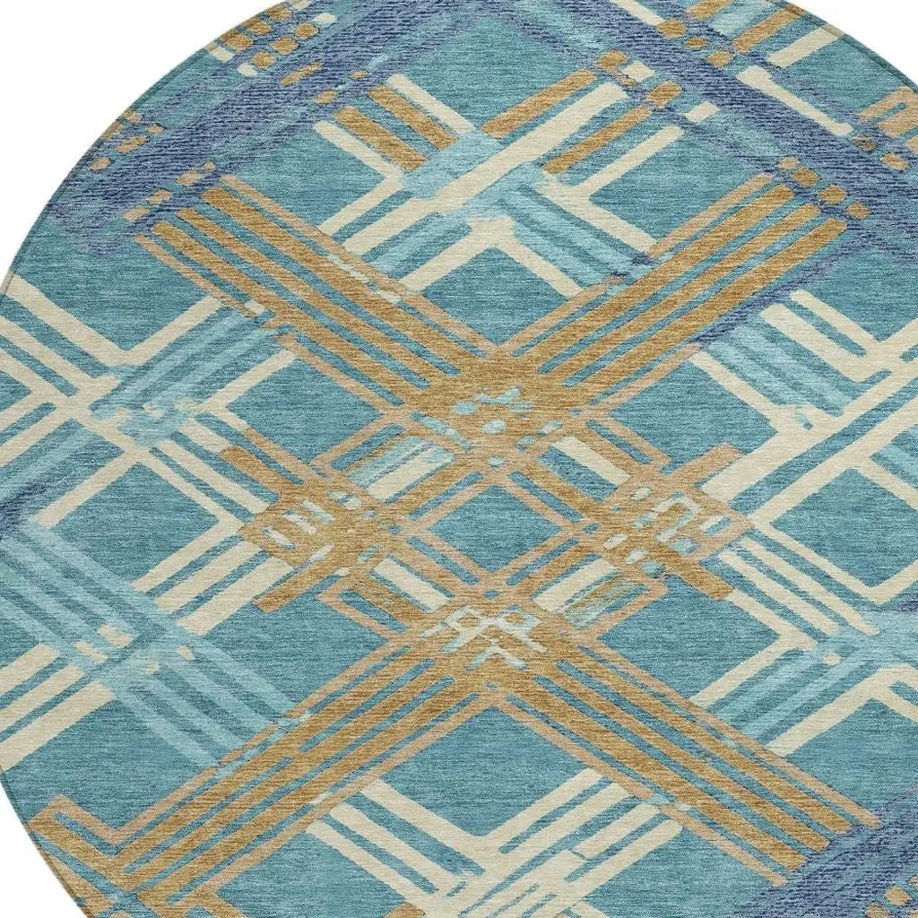 8' Teal Blue And Beige Round Geometric Washable Indoor Outdoor Area Rug Homeroots Outdoor