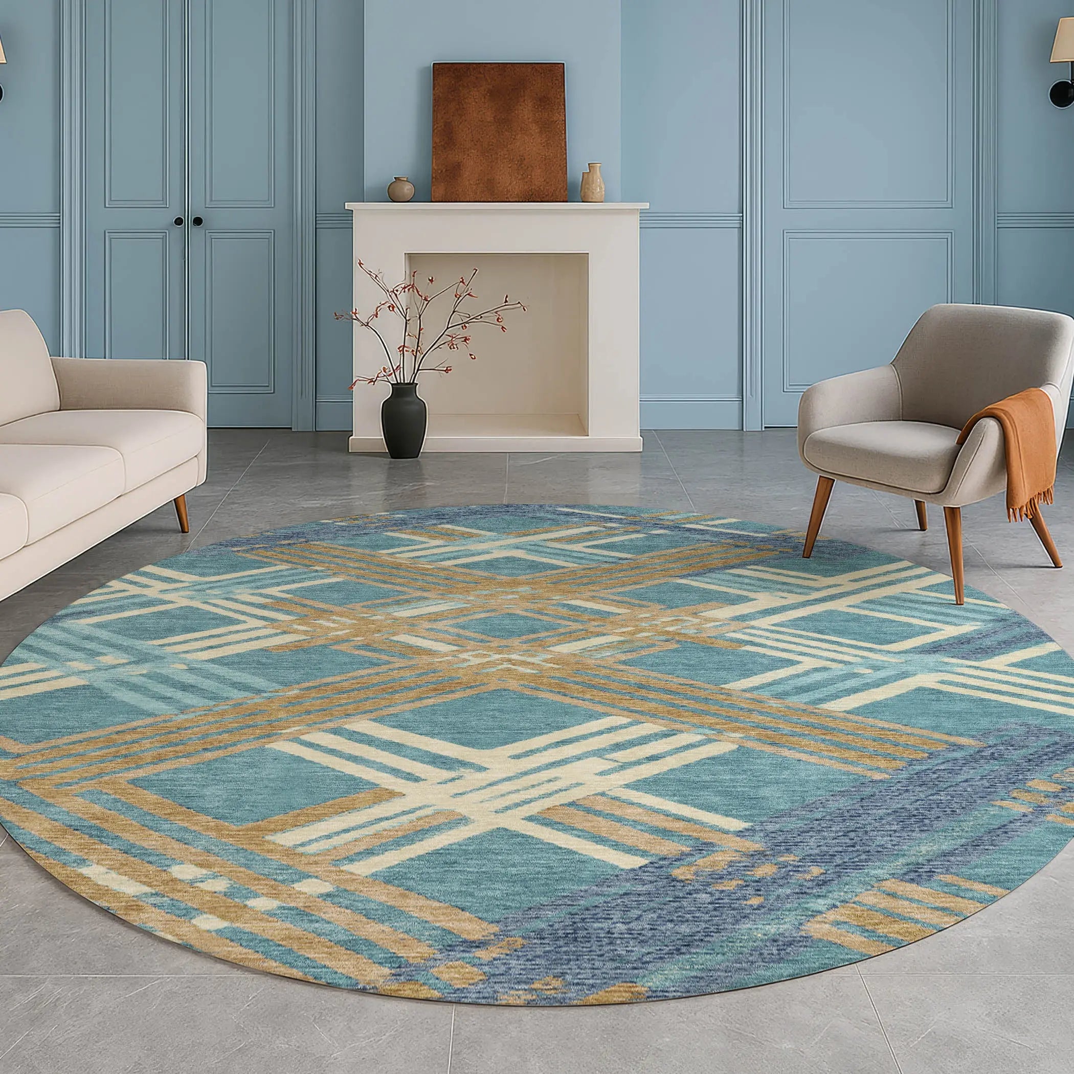 8' Teal Blue And Beige Round Geometric Washable Indoor Outdoor Area Rug Homeroots Outdoor