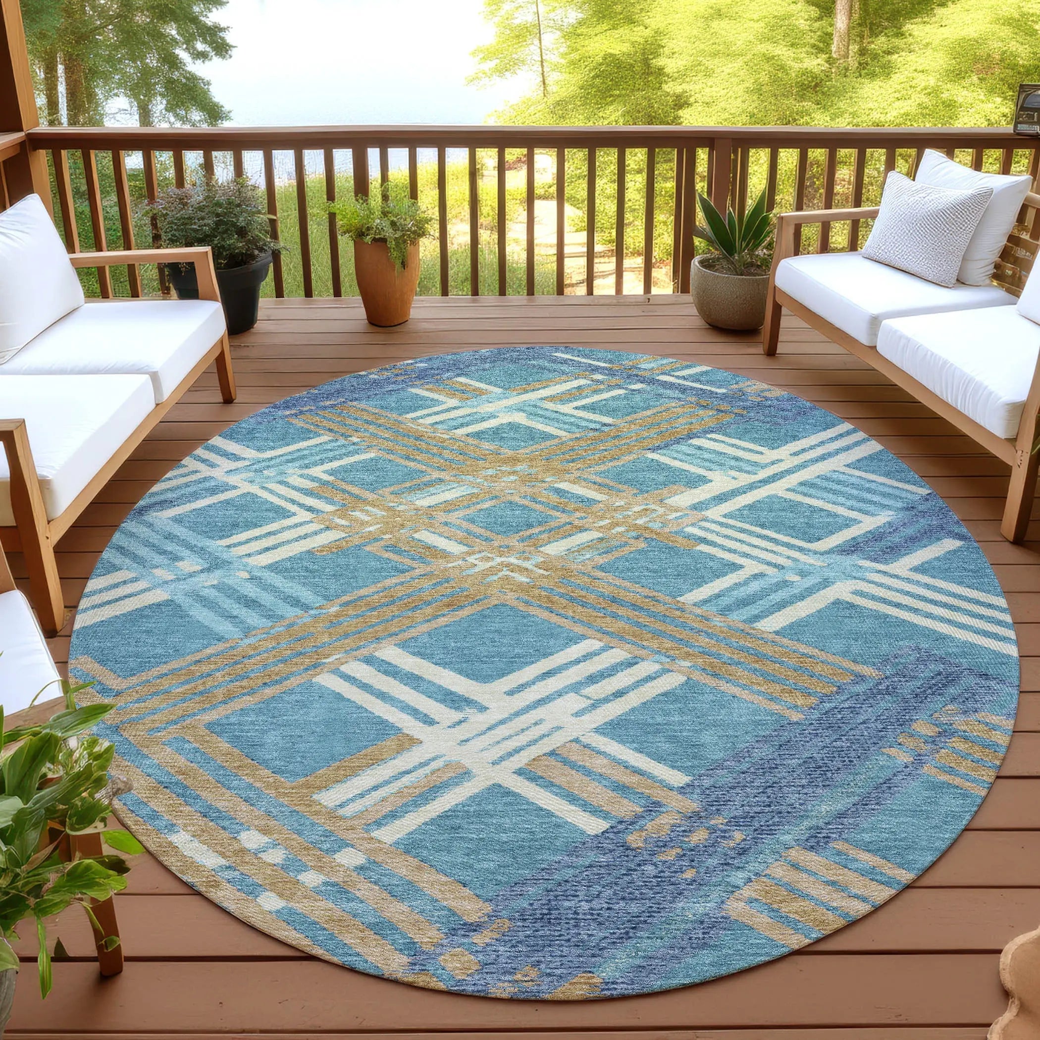 8' Teal Blue And Beige Round Geometric Washable Indoor Outdoor Area Rug Homeroots Outdoor