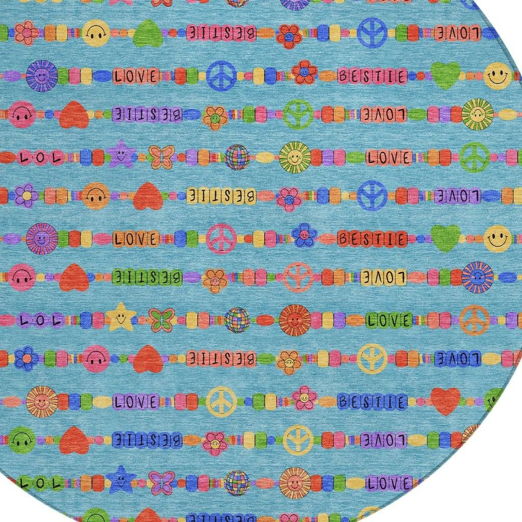8' Teal Blue And Beige Round Geometric Washable Indoor Outdoor Area Rug Homeroots Outdoor