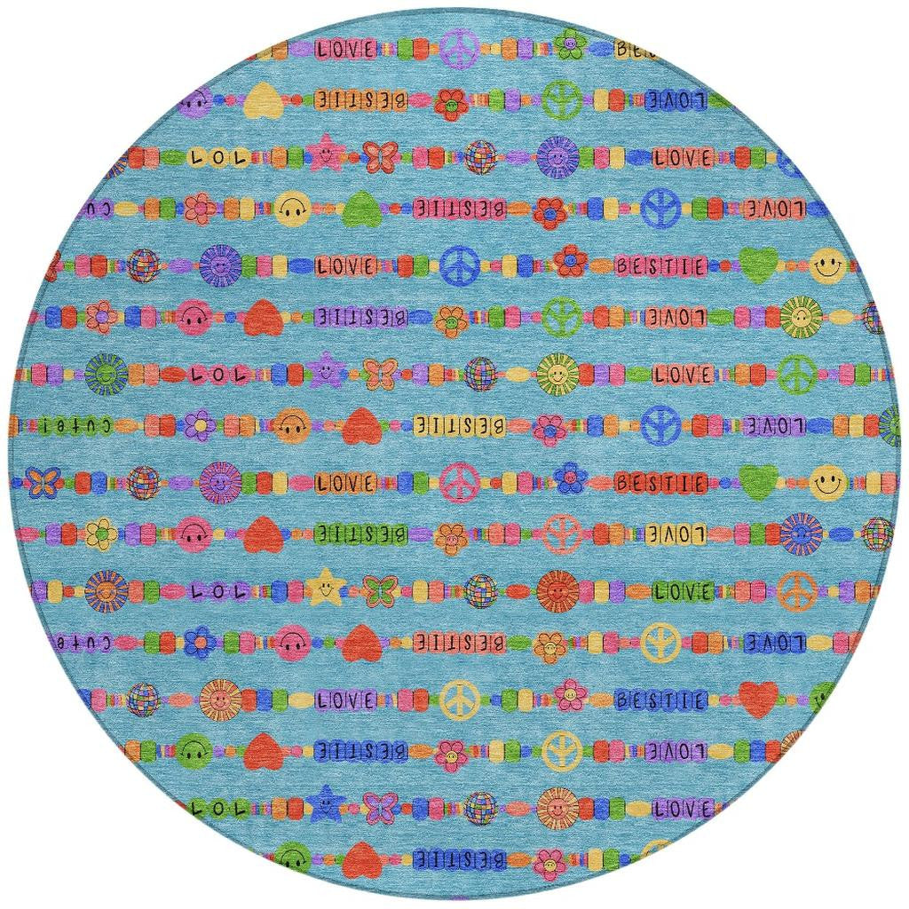 8' Teal Blue And Beige Round Geometric Washable Indoor Outdoor Area Rug Homeroots Outdoor