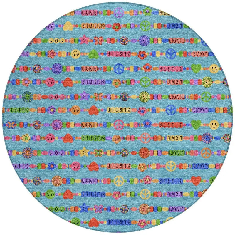 8' Teal Blue And Beige Round Geometric Washable Indoor Outdoor Area Rug Homeroots Outdoor