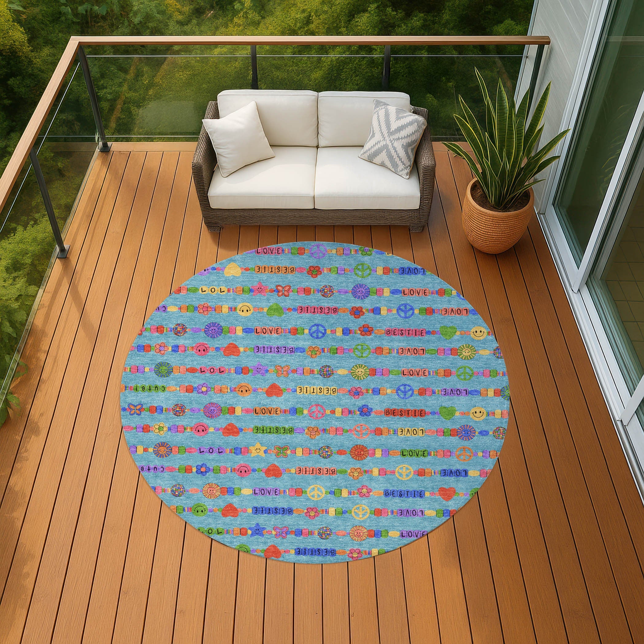 8' Teal Blue And Beige Round Geometric Washable Indoor Outdoor Area Rug Homeroots Outdoor