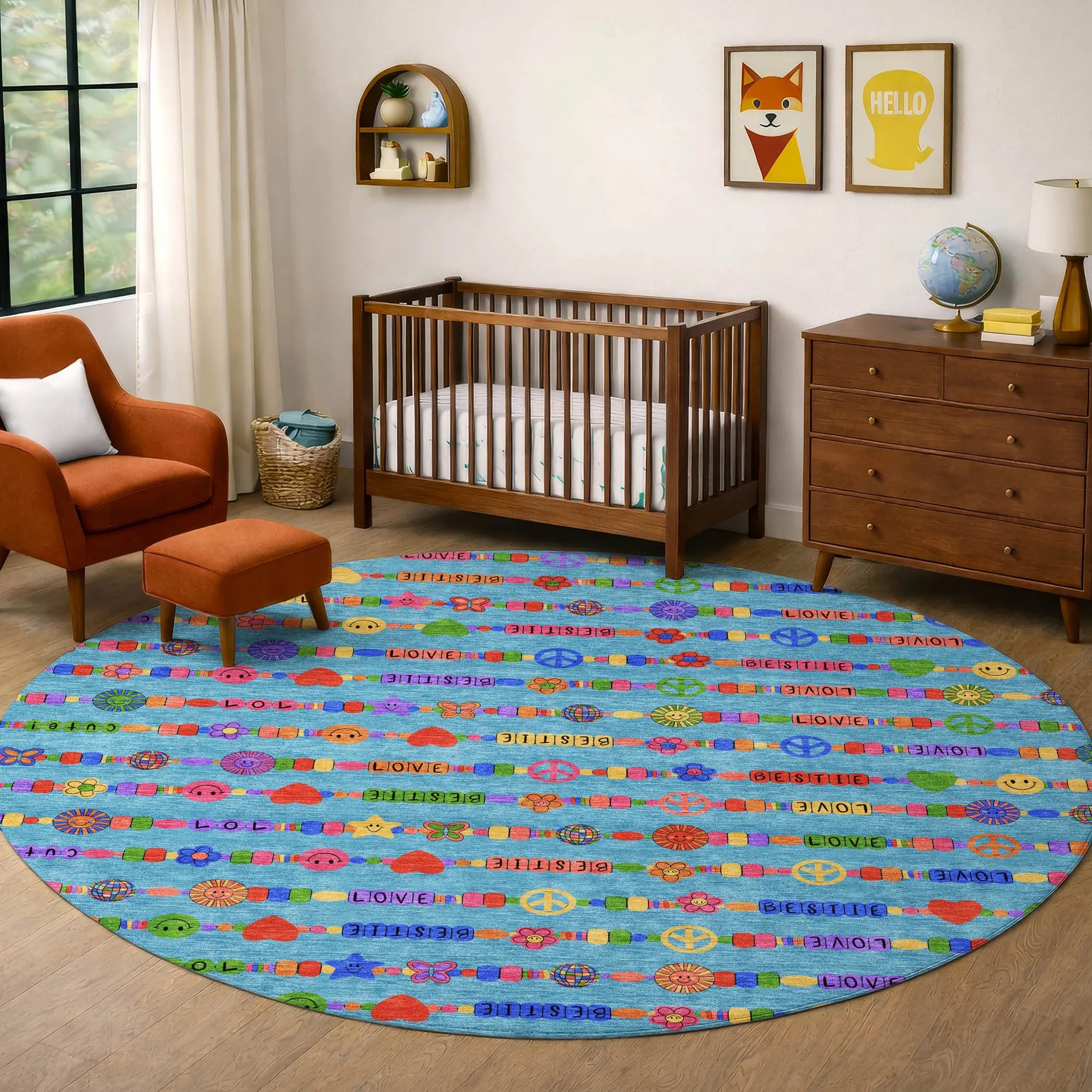 8' Teal Blue And Beige Round Geometric Washable Indoor Outdoor Area Rug Homeroots Outdoor