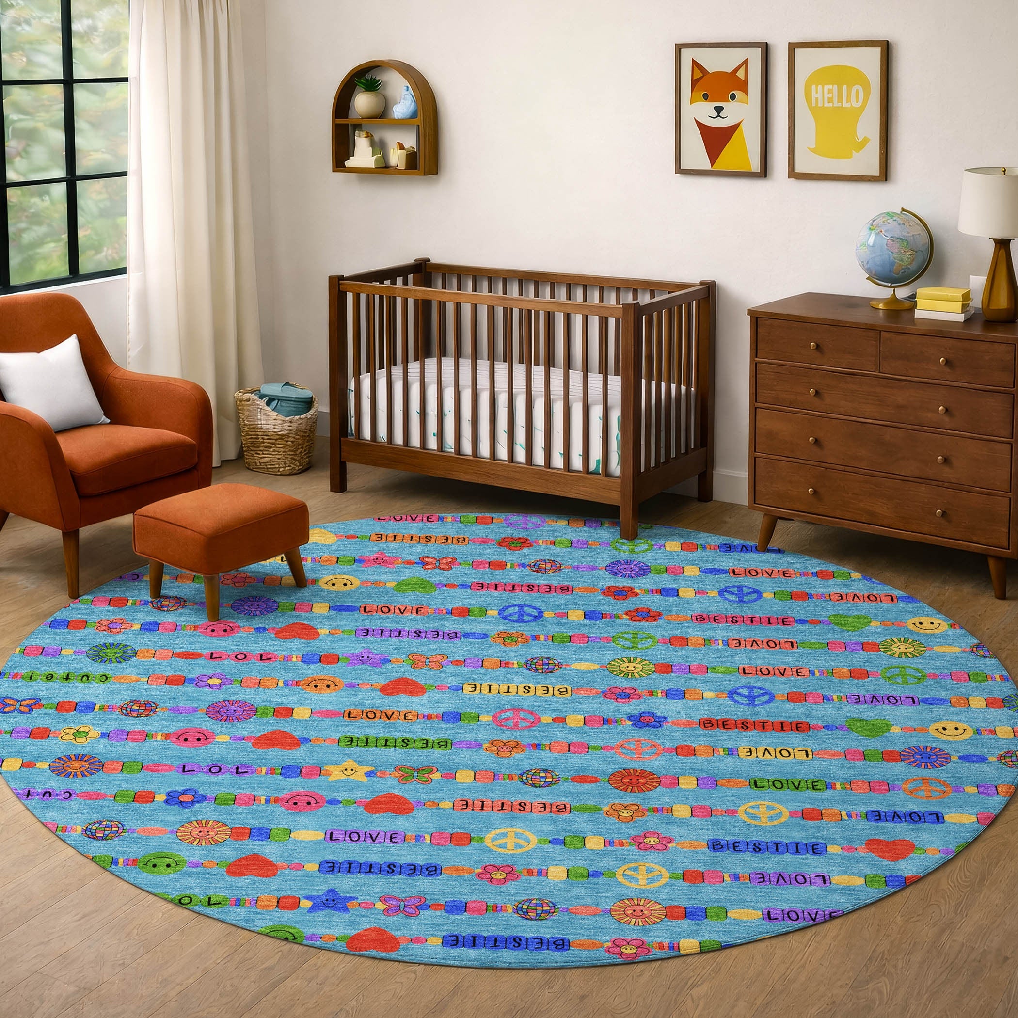 8' Teal Blue And Beige Round Geometric Washable Indoor Outdoor Area Rug Homeroots Outdoor