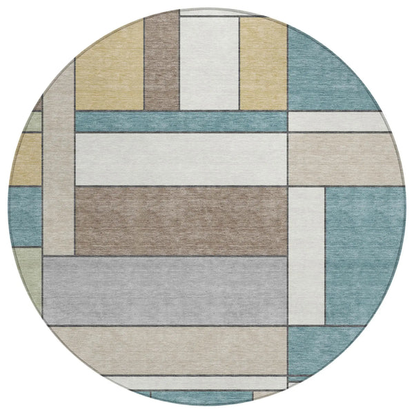 8' Teal Blue And Beige Round Geometric Washable Indoor Outdoor Area Rug Homeroots Outdoor