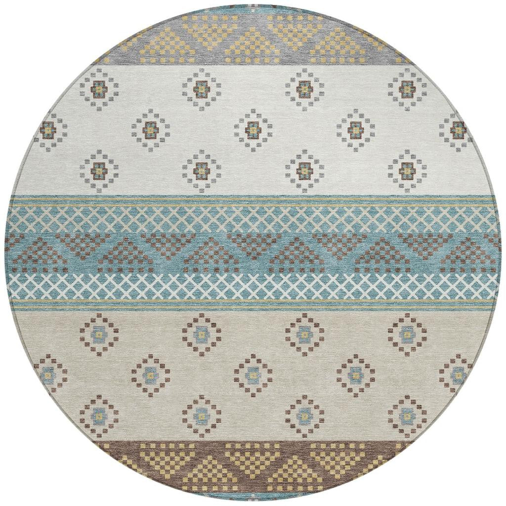 8' Teal Blue And Beige Round Striped Washable Indoor Outdoor Area Rug Homeroots Outdoor