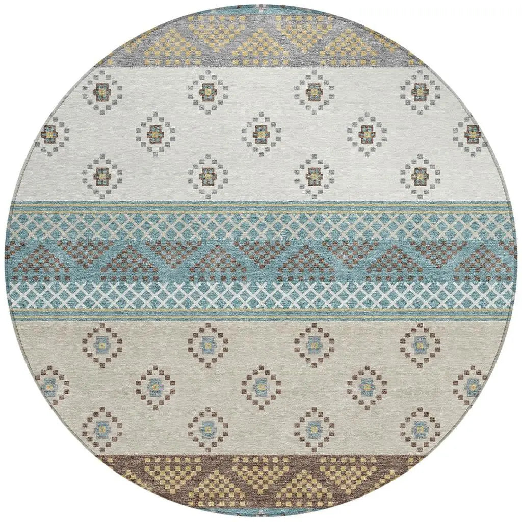 8' Teal Blue And Beige Round Striped Washable Indoor Outdoor Area Rug Homeroots Outdoor