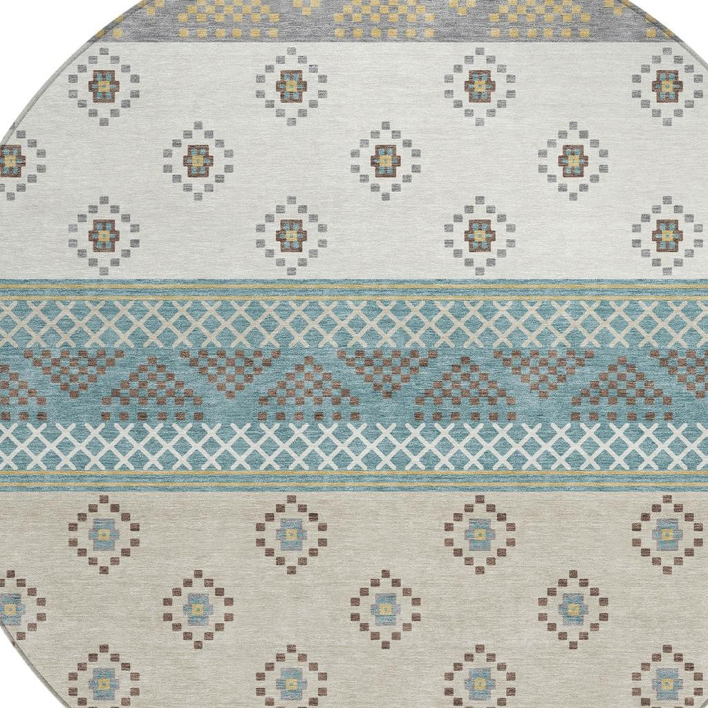 8' Teal Blue And Beige Round Striped Washable Indoor Outdoor Area Rug Homeroots Outdoor