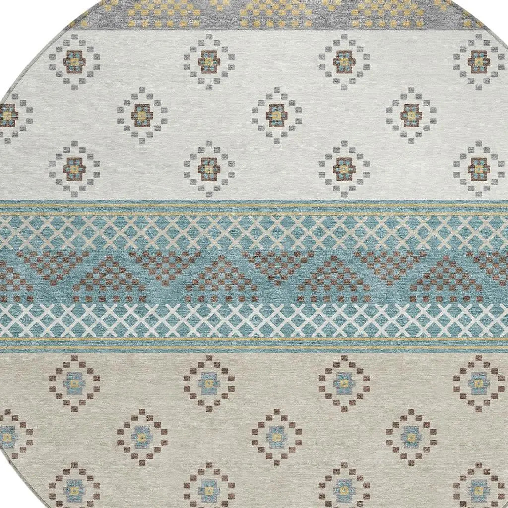8' Teal Blue And Beige Round Striped Washable Indoor Outdoor Area Rug Homeroots Outdoor
