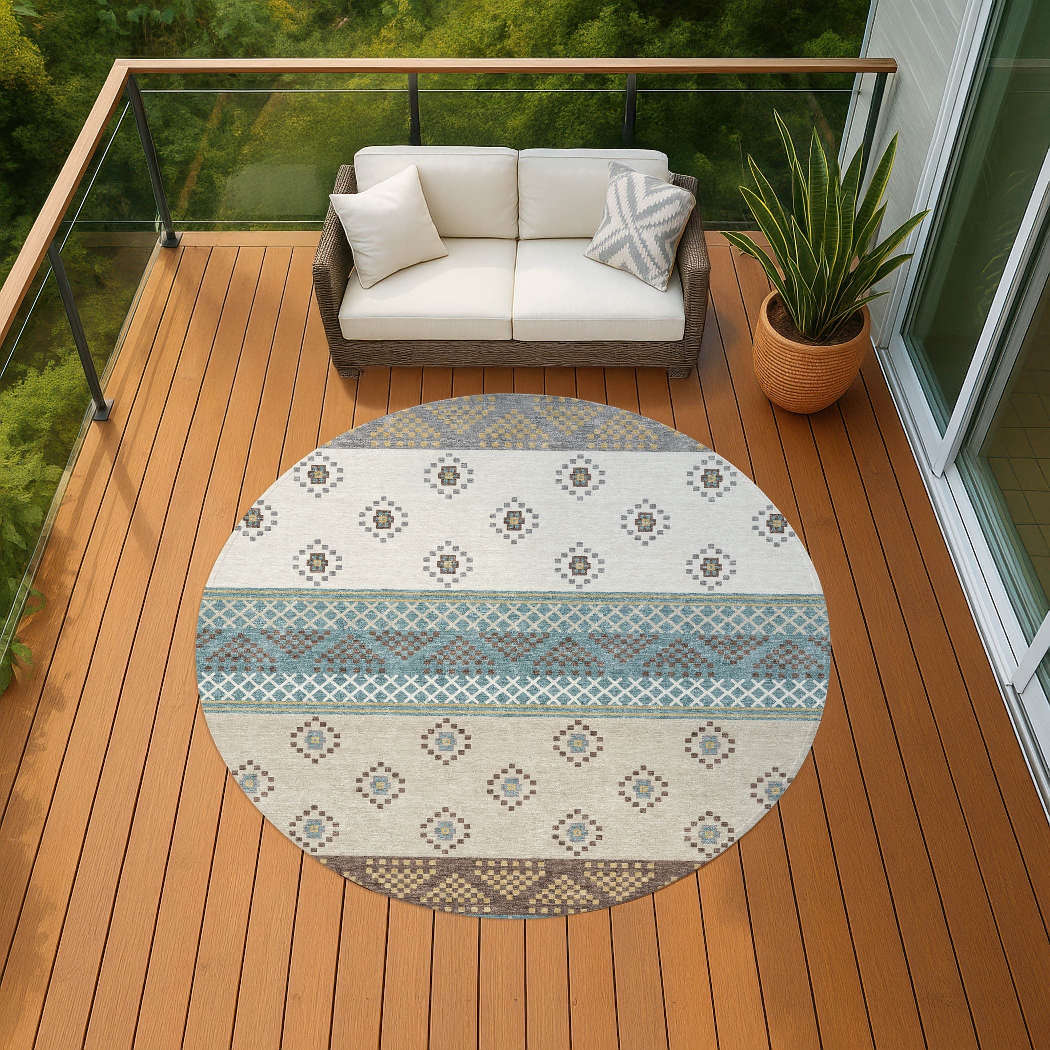8' Teal Blue And Beige Round Striped Washable Indoor Outdoor Area Rug Homeroots Outdoor