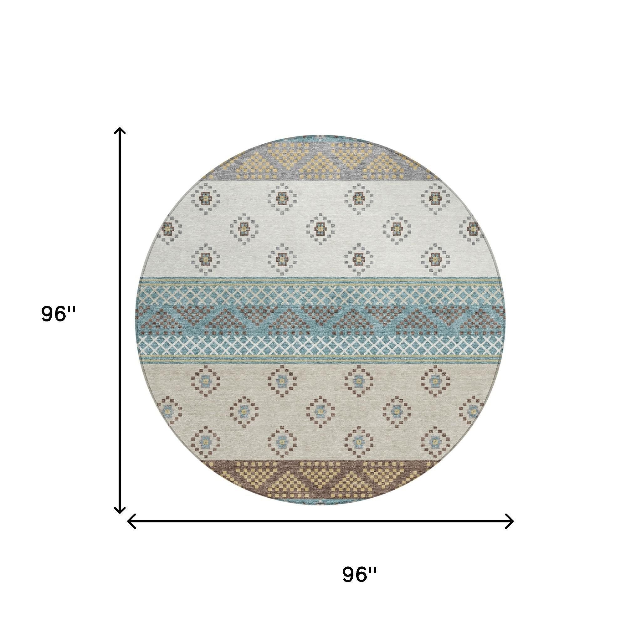 8' Teal Blue And Beige Round Striped Washable Indoor Outdoor Area Rug Homeroots Outdoor