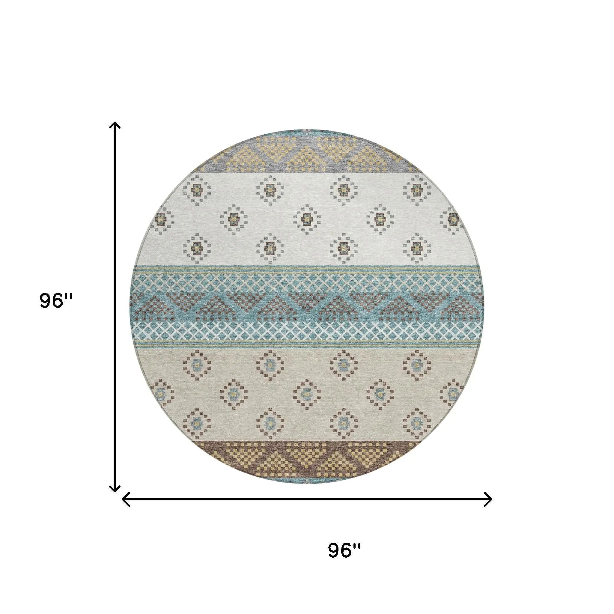 8' Teal Blue And Beige Round Striped Washable Indoor Outdoor Area Rug Homeroots Outdoor