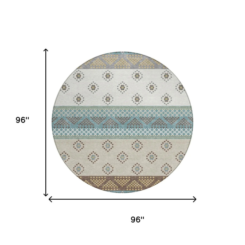 8' Teal Blue And Beige Round Striped Washable Indoor Outdoor Area Rug Homeroots Outdoor