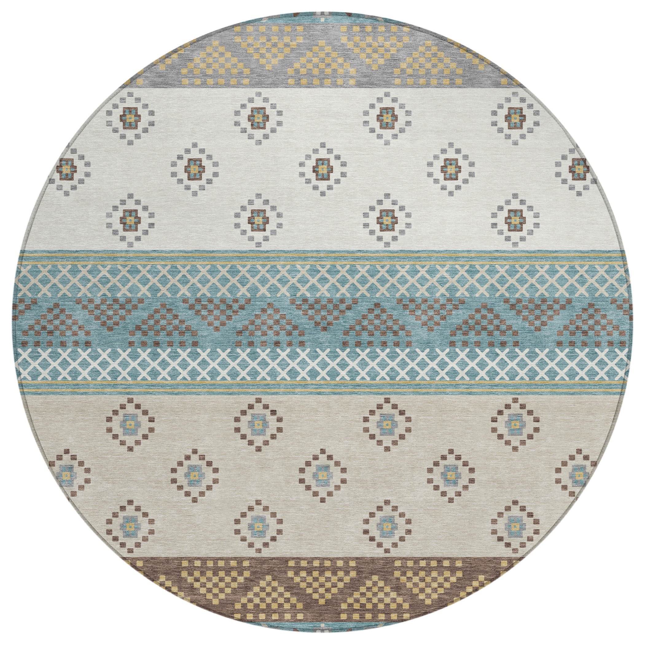 8' Teal Blue And Beige Round Striped Washable Indoor Outdoor Area Rug Homeroots Outdoor
