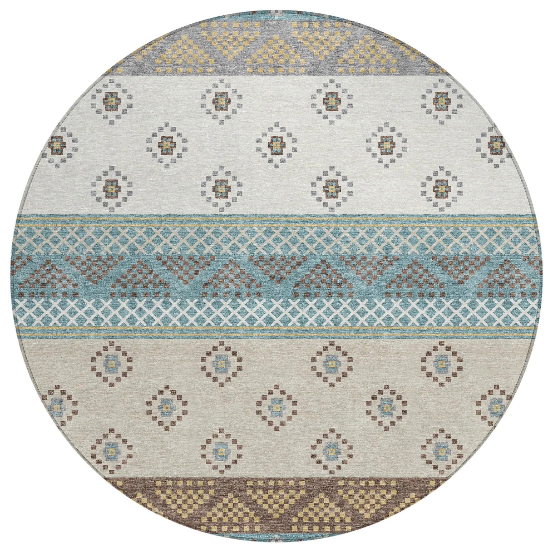 8' Teal Blue And Beige Round Striped Washable Indoor Outdoor Area Rug Homeroots Outdoor