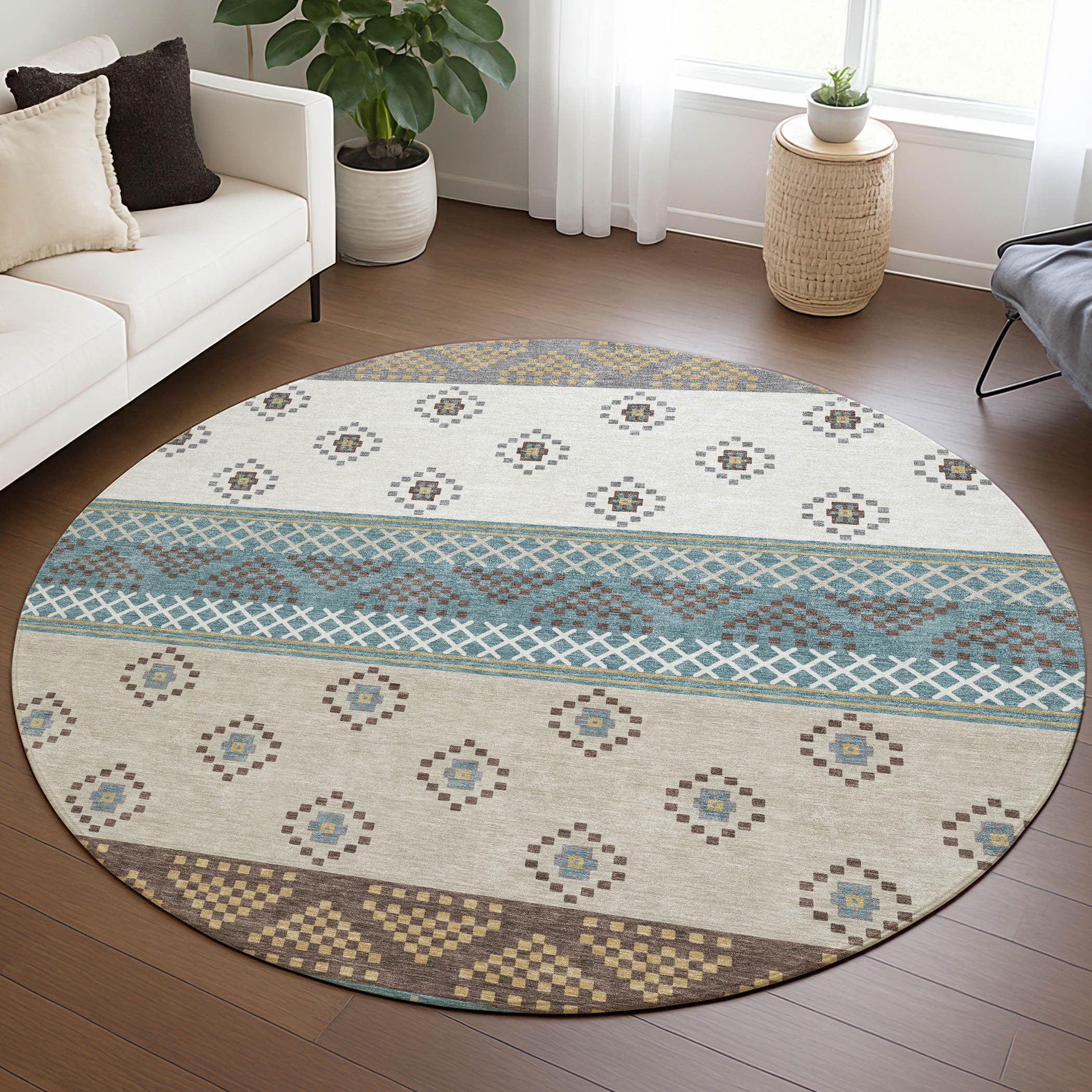 8' Teal Blue And Beige Round Striped Washable Indoor Outdoor Area Rug Homeroots Outdoor