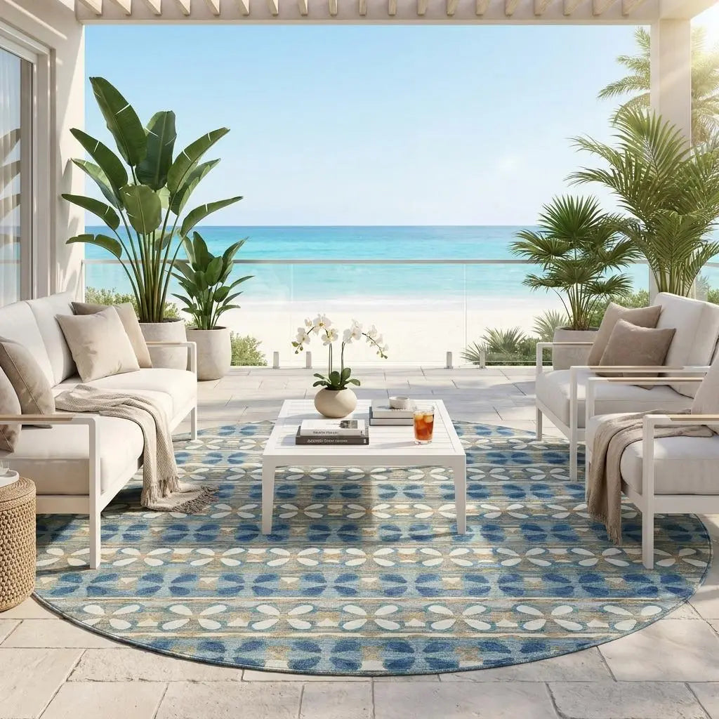 8' Teal Blue And Black Round Striped Washable Indoor Outdoor Area Rug Homeroots Outdoor