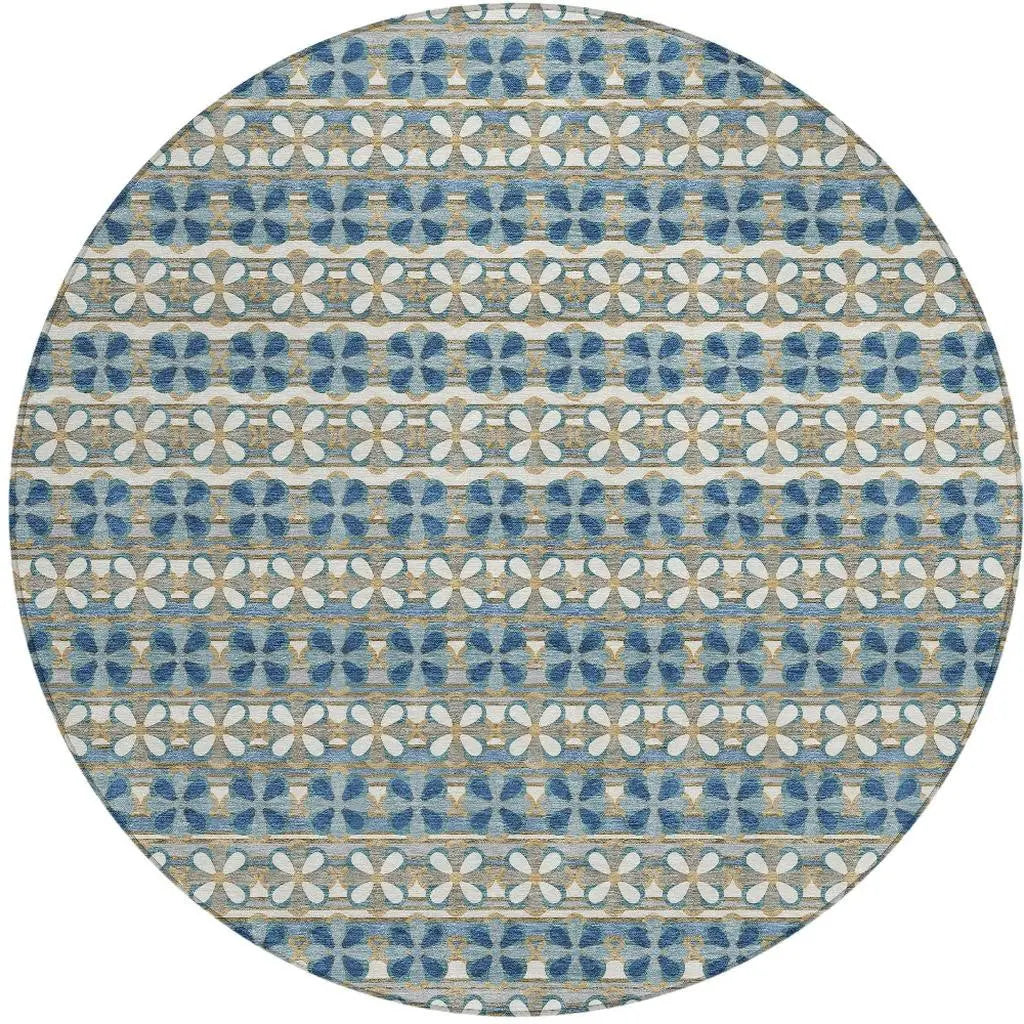 8' Teal Blue And Black Round Striped Washable Indoor Outdoor Area Rug Homeroots Outdoor