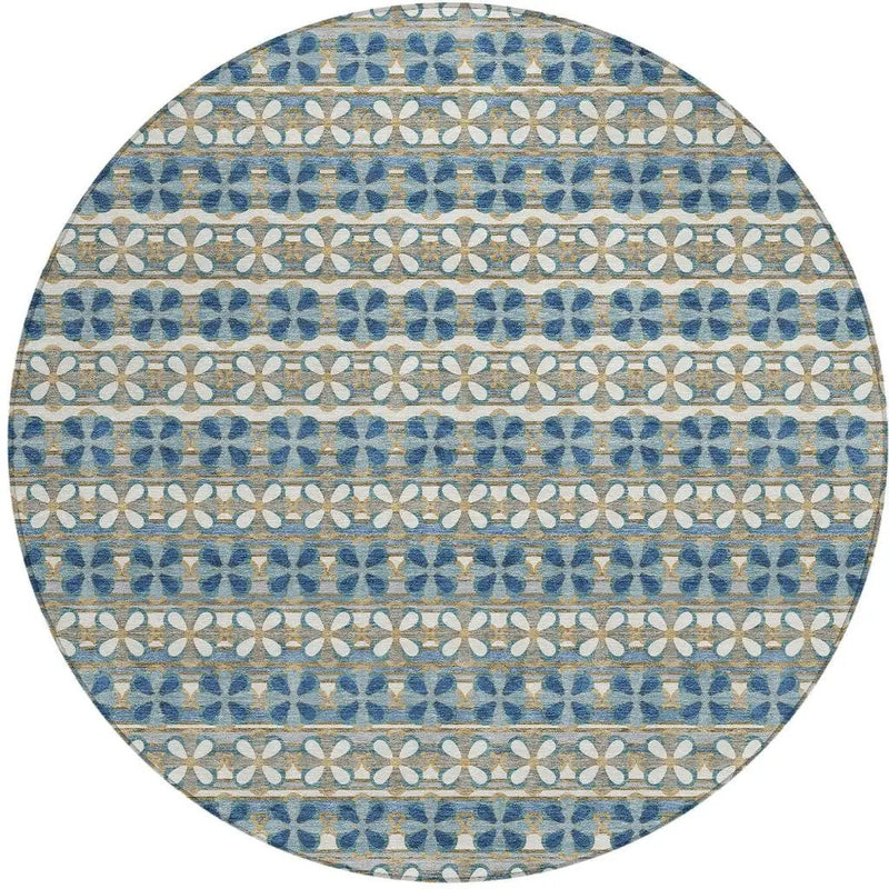8' Teal Blue And Black Round Striped Washable Indoor Outdoor Area Rug Homeroots Outdoor