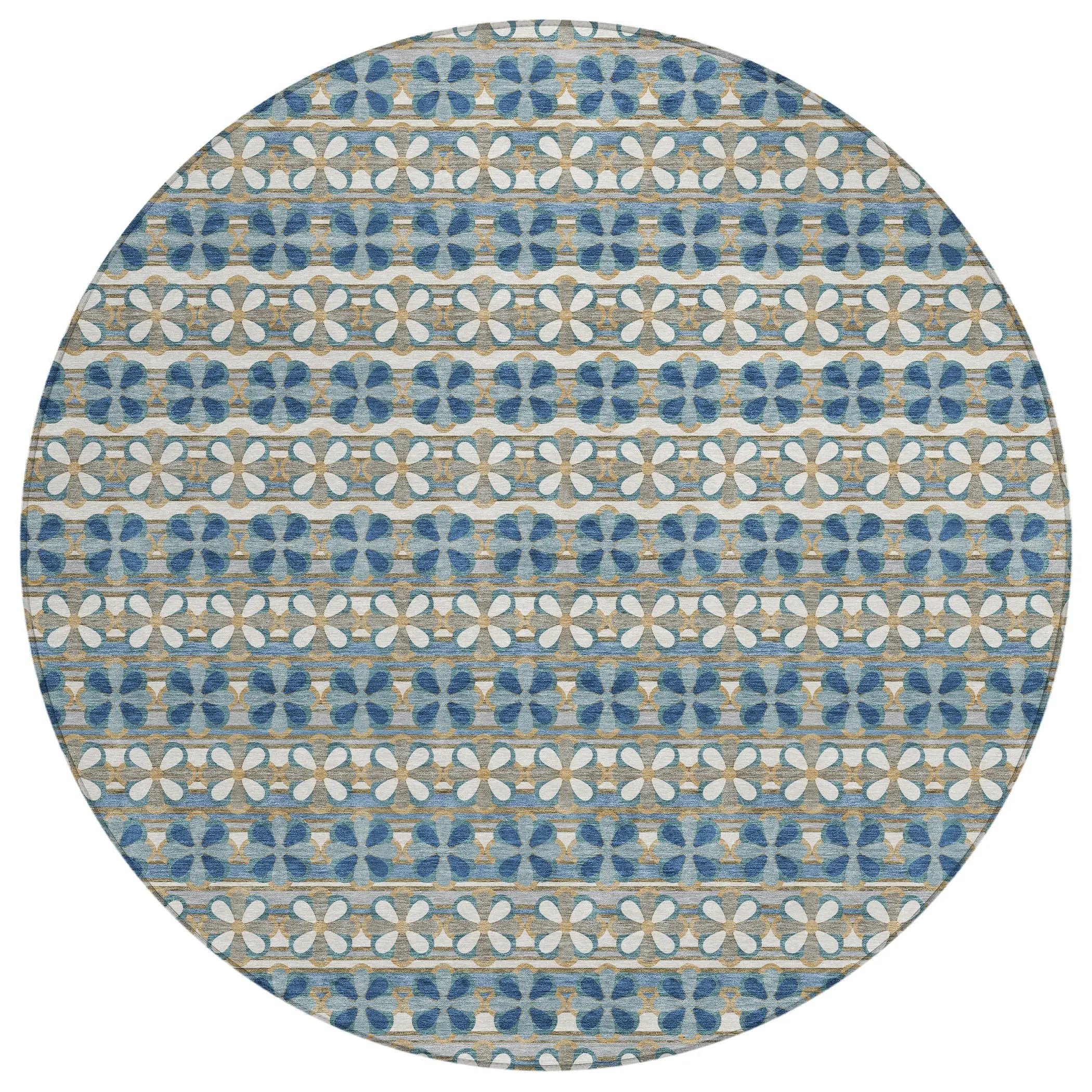 8' Teal Blue And Black Round Striped Washable Indoor Outdoor Area Rug Homeroots Outdoor
