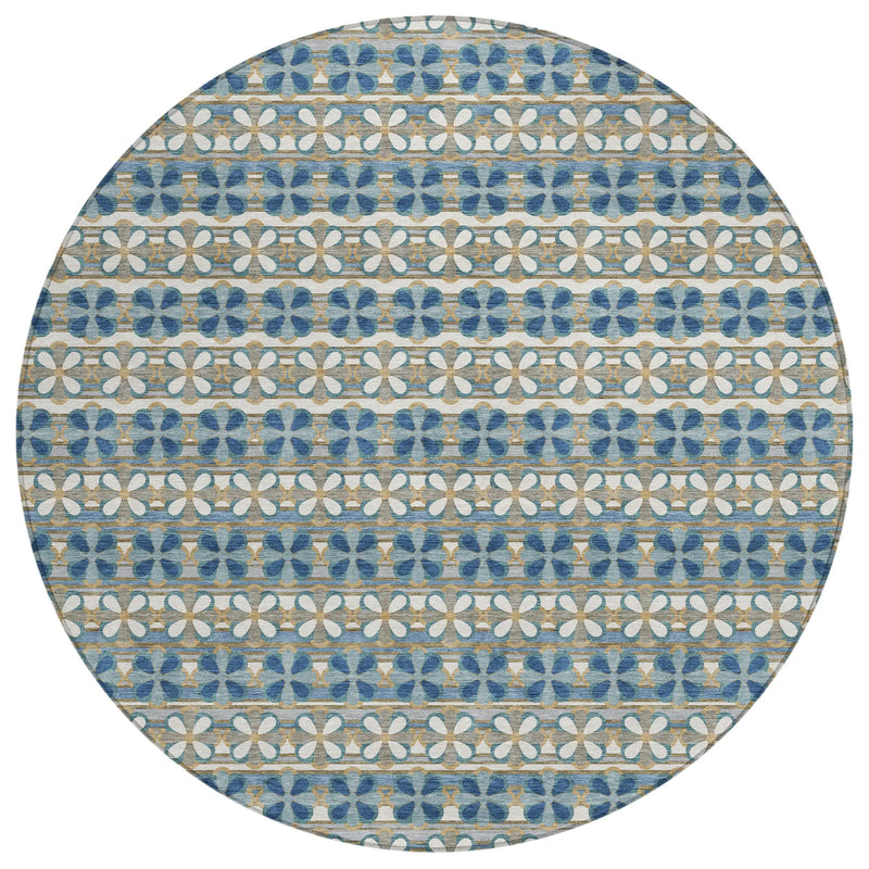 8' Teal Blue And Black Round Striped Washable Indoor Outdoor Area Rug Homeroots Outdoor